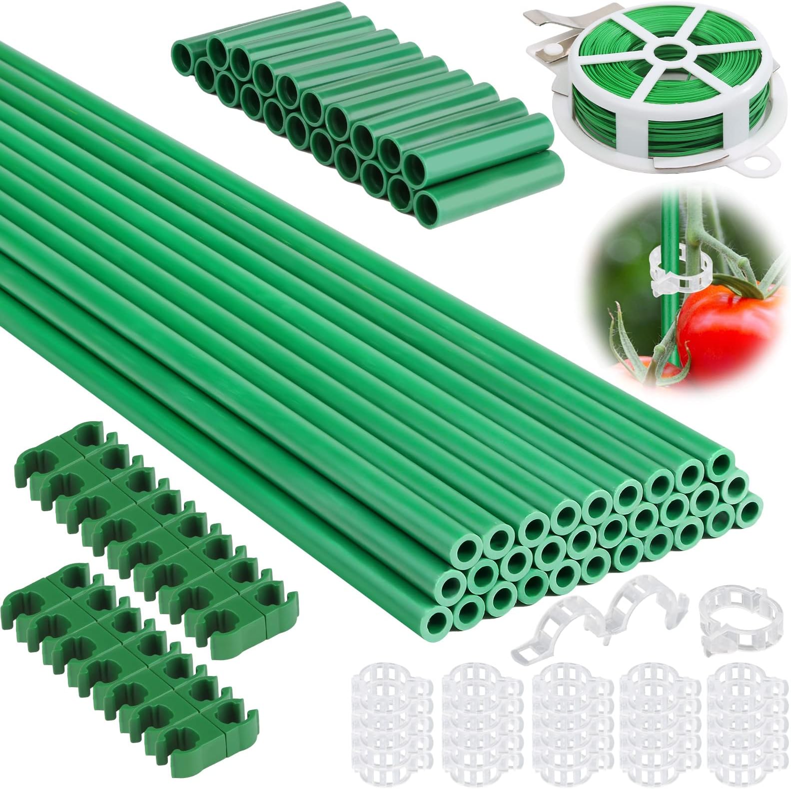 Cludoo 96PCS Garden Stakes Set with 30 Sets Fiberglass Tomato Stakes and Accessories, DIY 3ft 4ft 5ft 6ft 7ft Plant Stakes Sticks Supports for Vegetables, Tomato, Pepper, Fences Indoor Outdoor Plants
