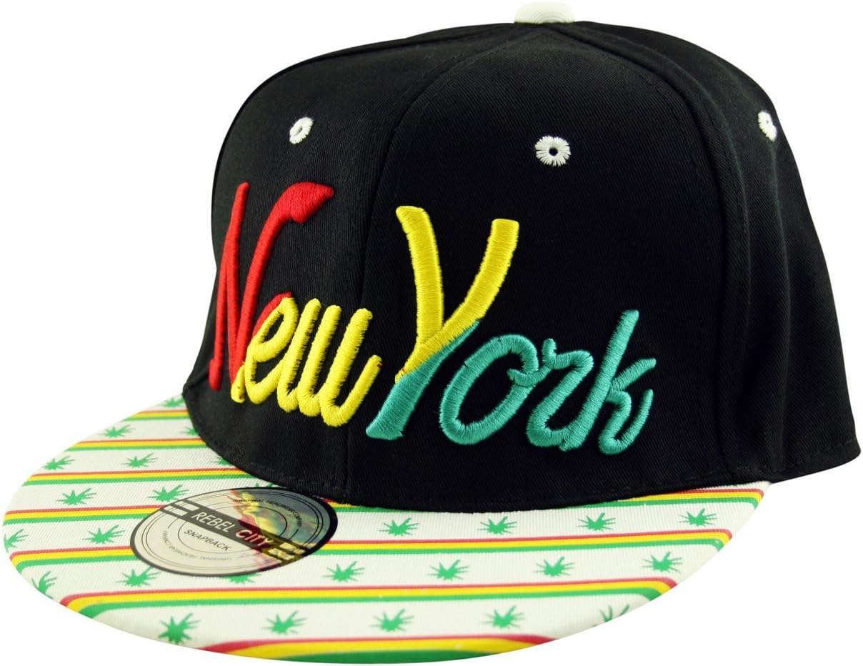 Rebel City Snapback Hat New York NY Flat Peak Ganja Baseball Cap Black White