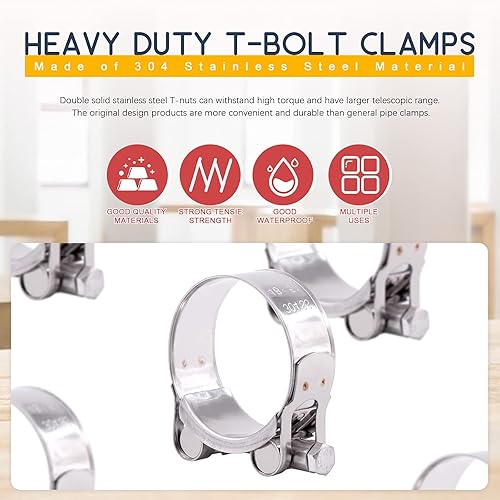Miniatura 3 de Hilitchi Abrazadera de perno en T de acero inoxidable 304 Abrazaderas de manguera de tubo de tubo en T resistentes (4 unidades, 1.890-2.008 in)
