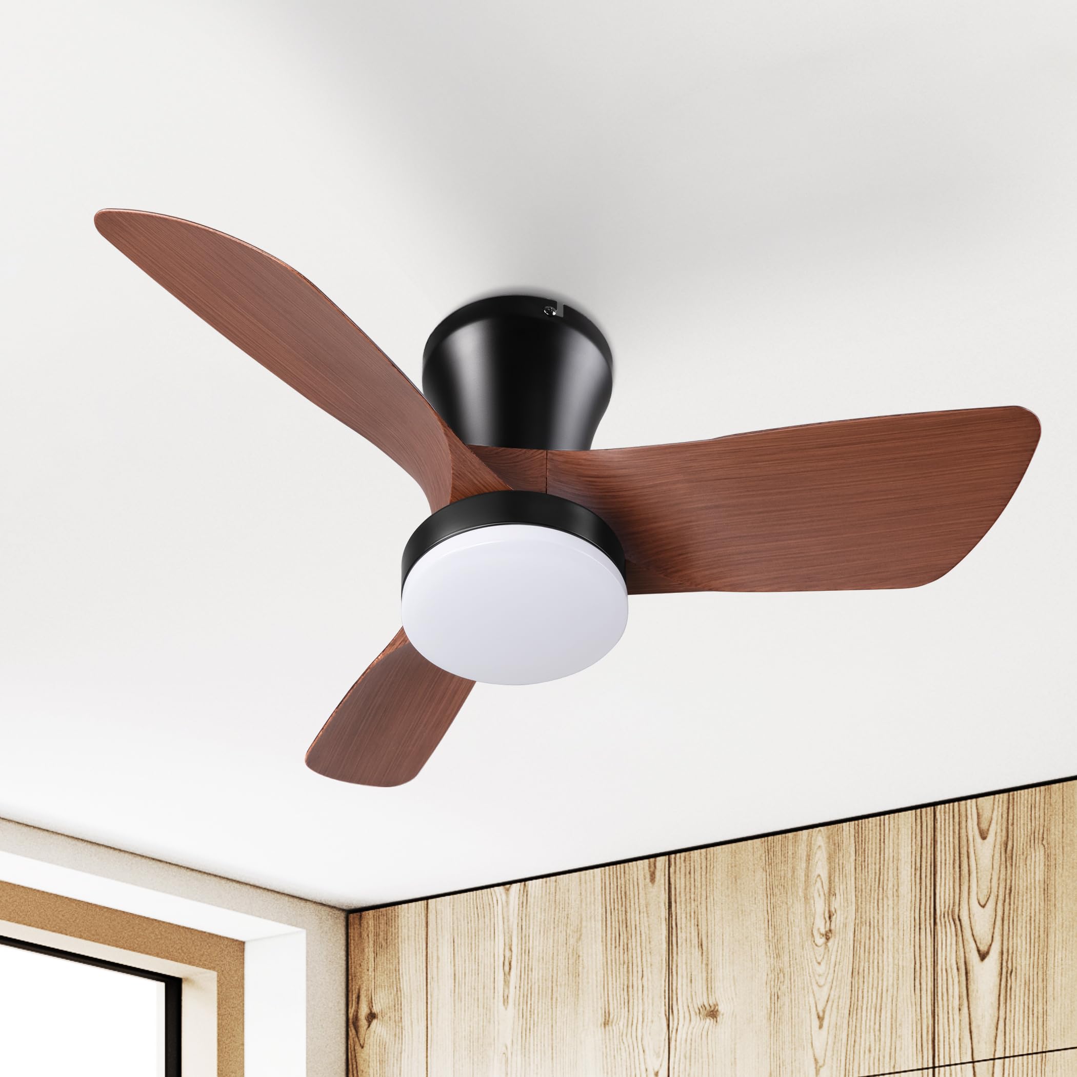 SUNMORY Ceiling Fans with Lights and Remote, 30 inch Low Profile Ceiling Fan with Light, Modern Flush Mount Ceiling Fan for Bedroom/Kitchen/Dining Room/Patio, 6 Wind Speeds, Dimmable, Walnut Color