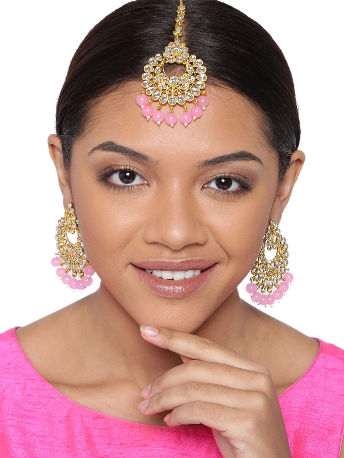 Tone Kundan & Beads Earring & Maangtikka Set-ZPFK8259