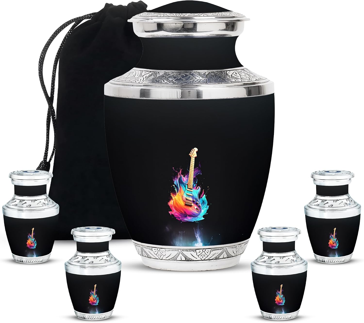 Guitar Cremation Urns for Women & Men – Combo of 4 with Large 10 Inch Funeral Memorial Fairy House Urn for Adult Male & Female 3 Inch Mini