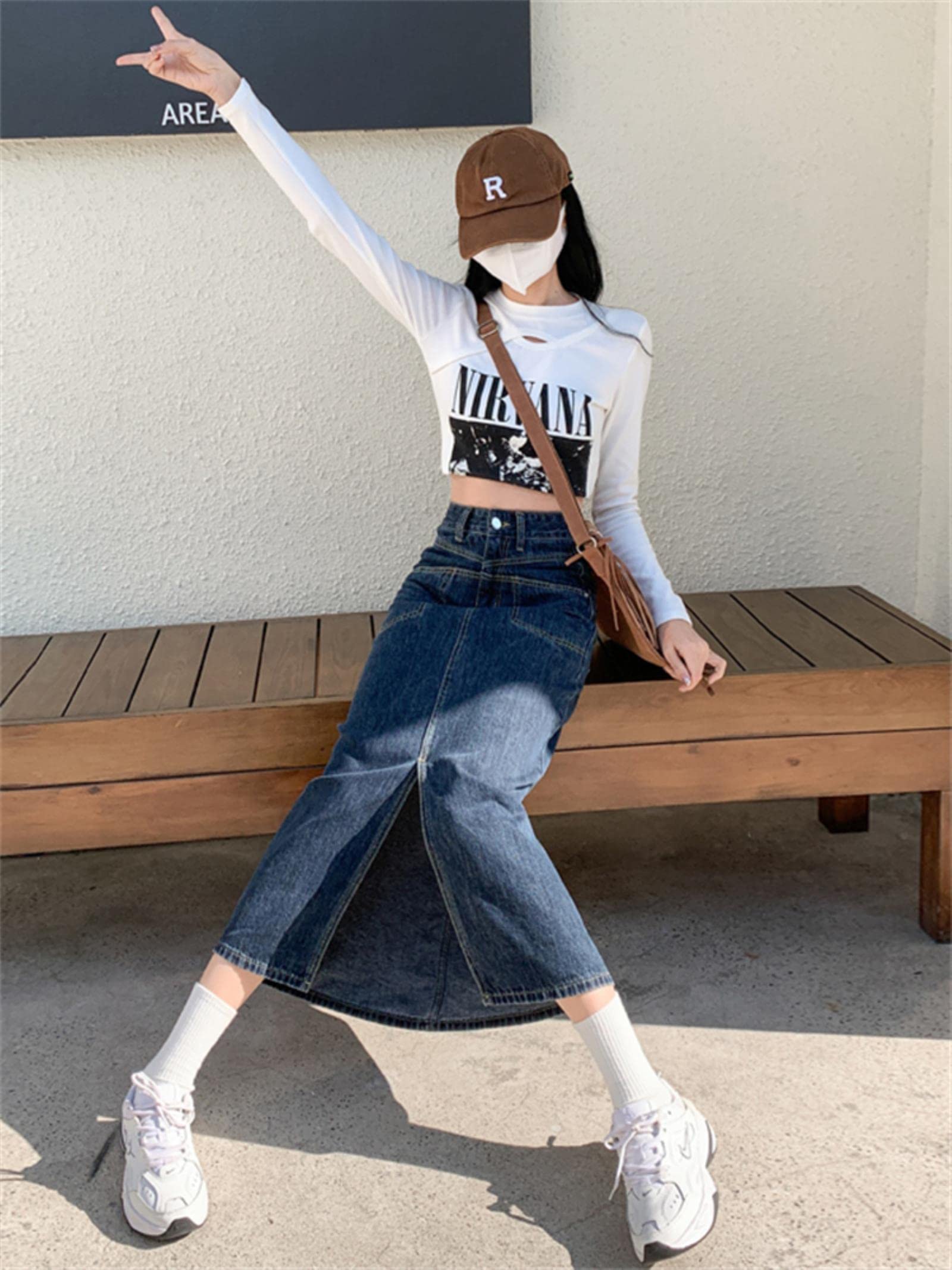 TOBILE Jupes rétro bleu mi-longue jupe en jean pour femme printemps et été nouveau style urbain simple poche droite fendue A-Line jupe femme