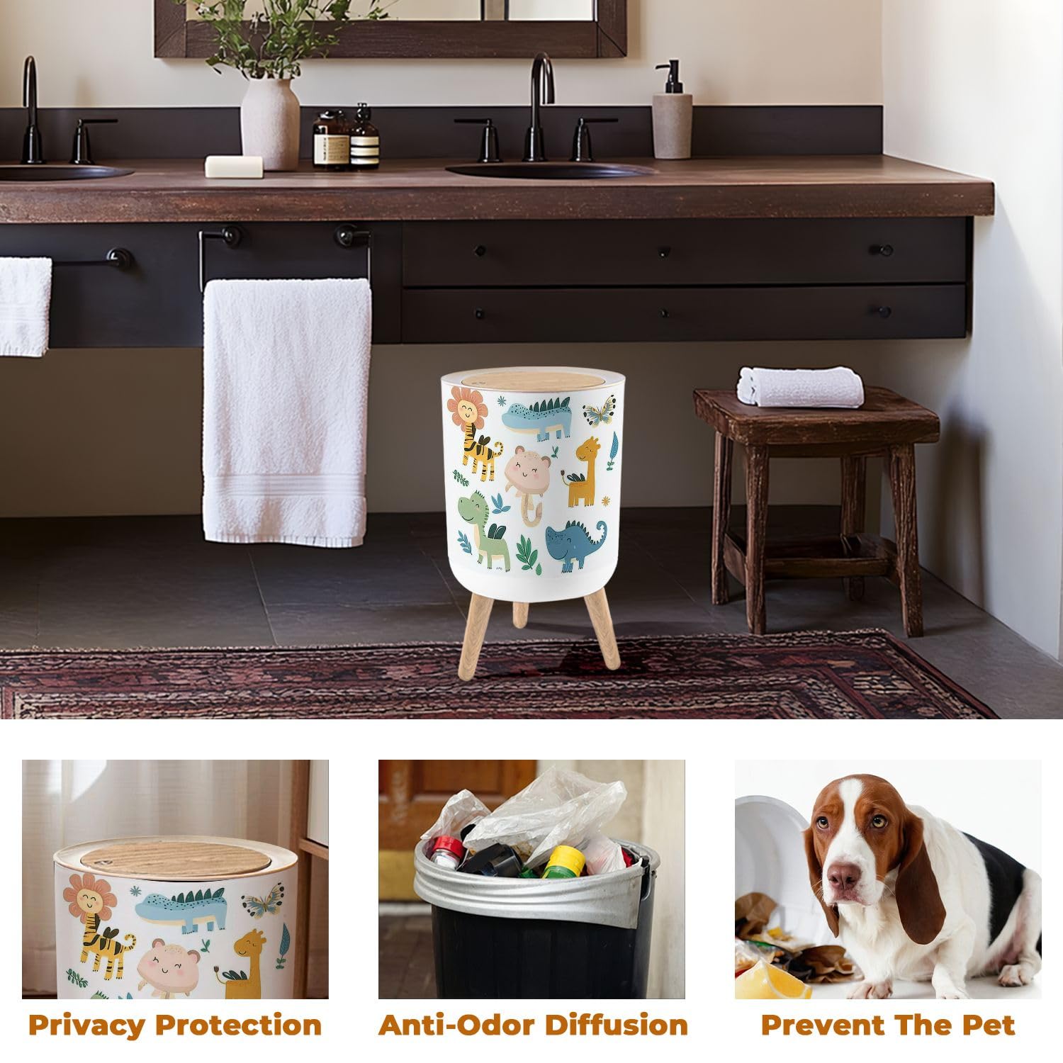 Trash Can with Lid Cute Wild African Animals Including Lion Giraffe Elephant Garbage Can Round Waste Bin Press Cover Dog Proof Wastebasket for Kitchen Bathroom Living Room Nursery 1.8gal