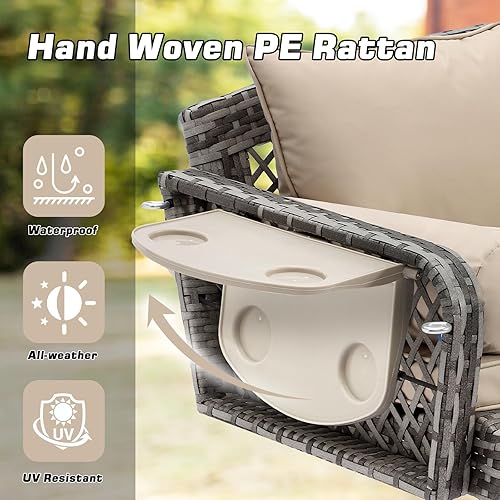 Miniatura 4 de Grepatio Columpio de mimbre para 3 personas, columpio de mimbre para patio, columpio de ratán al aire libre con cojín y almohada para jardín, patio,