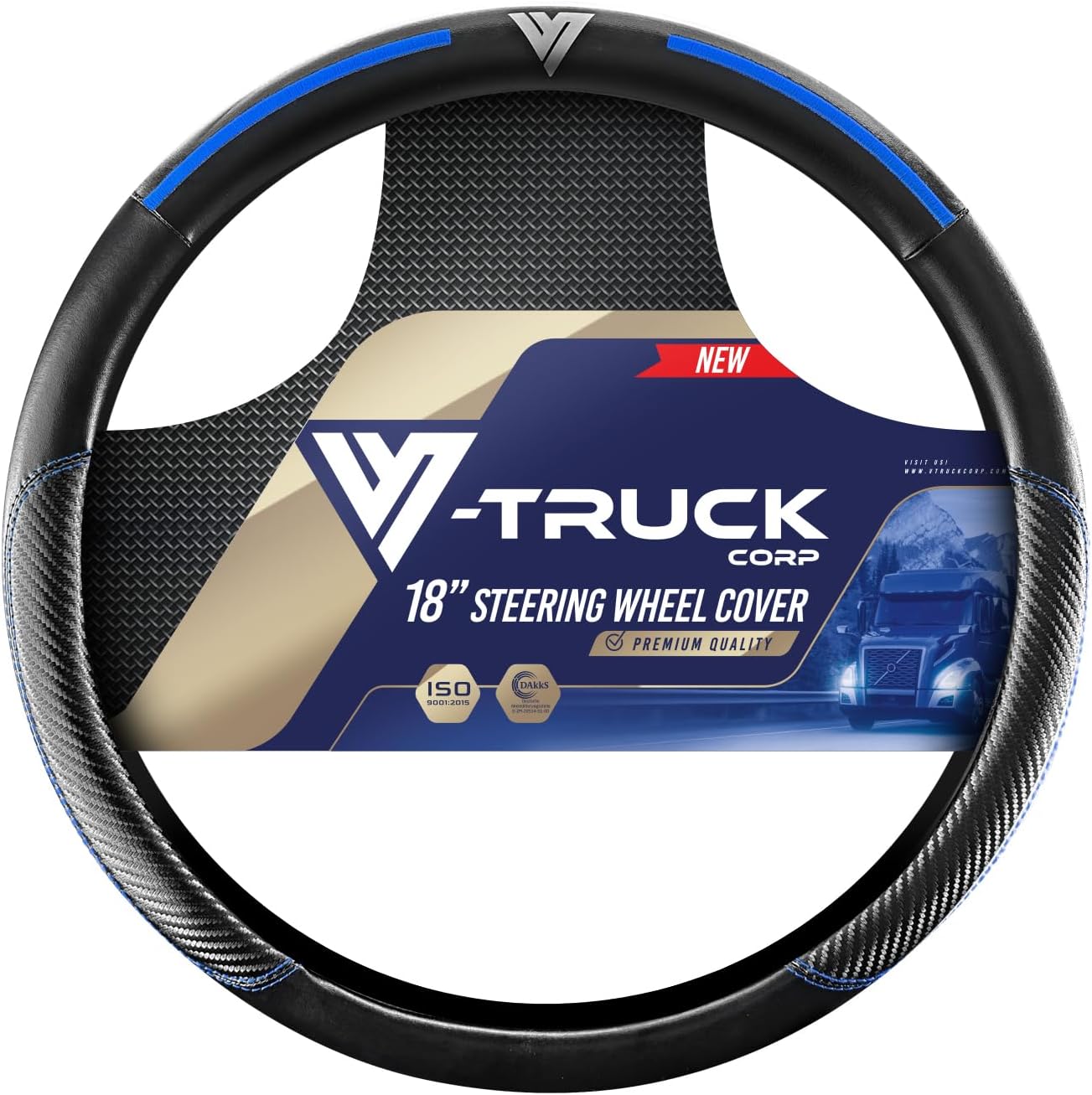 18-Inch Genuine Leather Steering Wheel Cover for Semi Trucks – Black with Blue Stripes, Universal Fit Heavy-Duty Non-Slip Grip, Comfortable Control, Easy Installation