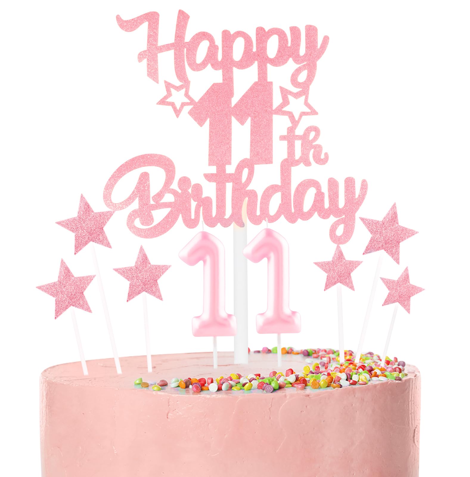 Pink Happy 11th Birthday Candles Cake Topper Set,Glitter Number 11 Birthday Candles with Pink 11th Birthday Cake Toppers Star Cupcake Toppers for Girls Anniversary Decorations โ image 1