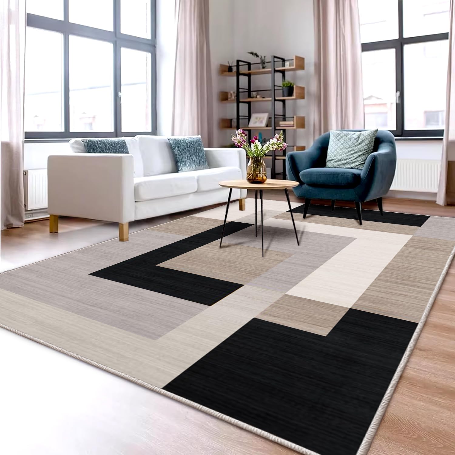 Aspire Homeware Rugs Living room 120 x 170 Anti Slip Geometric Style Bedroom Rug – Soft Easy to Clean Floor Carpets Nursery Room Playmat – Non-Shedding Black and Cream Area Rugs(Milo Neutral)