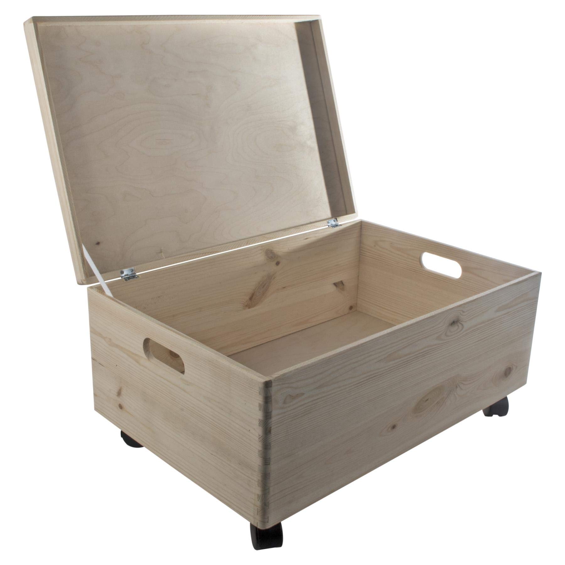 WooDeeDoo Extra Large Deep Wooden Storage Chest With Lid Handles and Wheels – 60 x 40 x 28 cm Pine Organiser for Toys Crafts Bedroom – Unfinished Mobile Decorative 47L Container