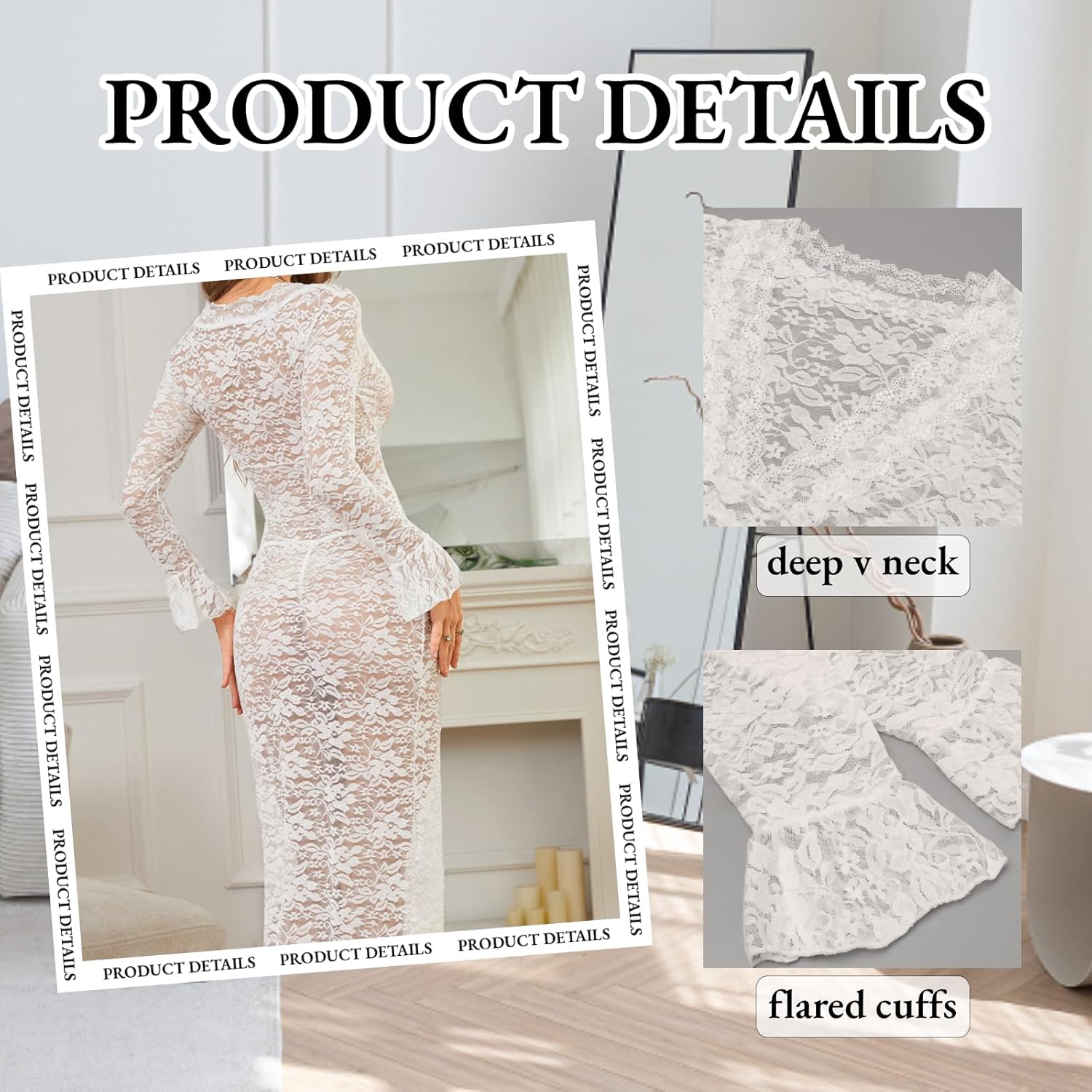 BIGFOX Women's Lace Long Dress Sheer Floral Long Sleeve Mesh Sleepwear Bodycon Dresses Beach Coverups Party Cocktail Dress White - Image 3