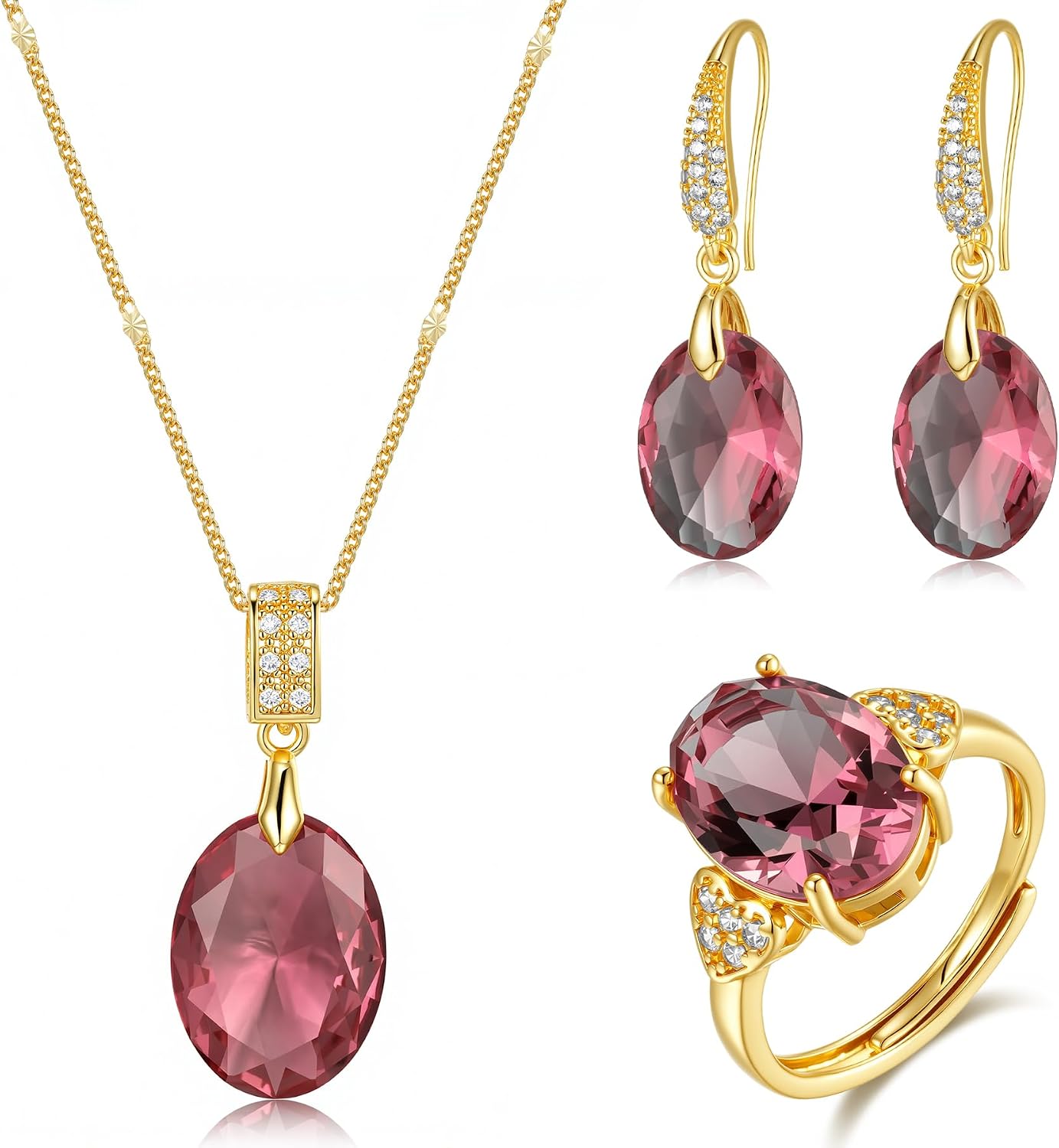 Luxury Jewelry Set Gold Plated Colored Crystal Necklace Earrings Ring 3-Piece Set/pack