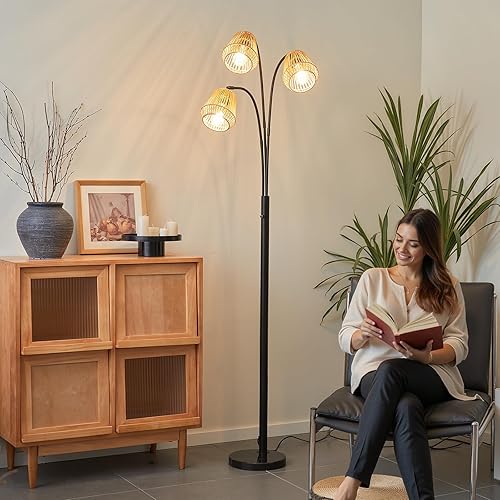 Miniatura 6 de Lámpara de pie de ratán para sala de estar, lámpara de pie bohemia de 72 pulgadas de alto con interruptor giratorio, lámpara de arco de 3 luces con