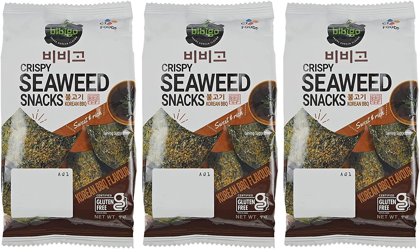 Cj Bibigo Crispy Seaweed Snacks Bbq Flavour (Pack Of 3) 15G