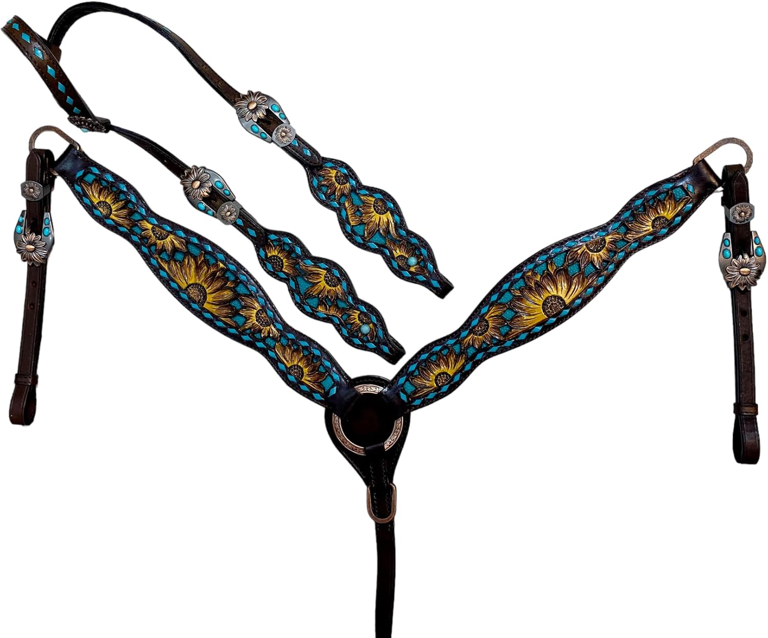 Sunflower Carved One Ear Headstall Bridle Breast Collar Set - Genuine Argentina Cow Leather with Teal Rawhide Buck Stitching - Perfect