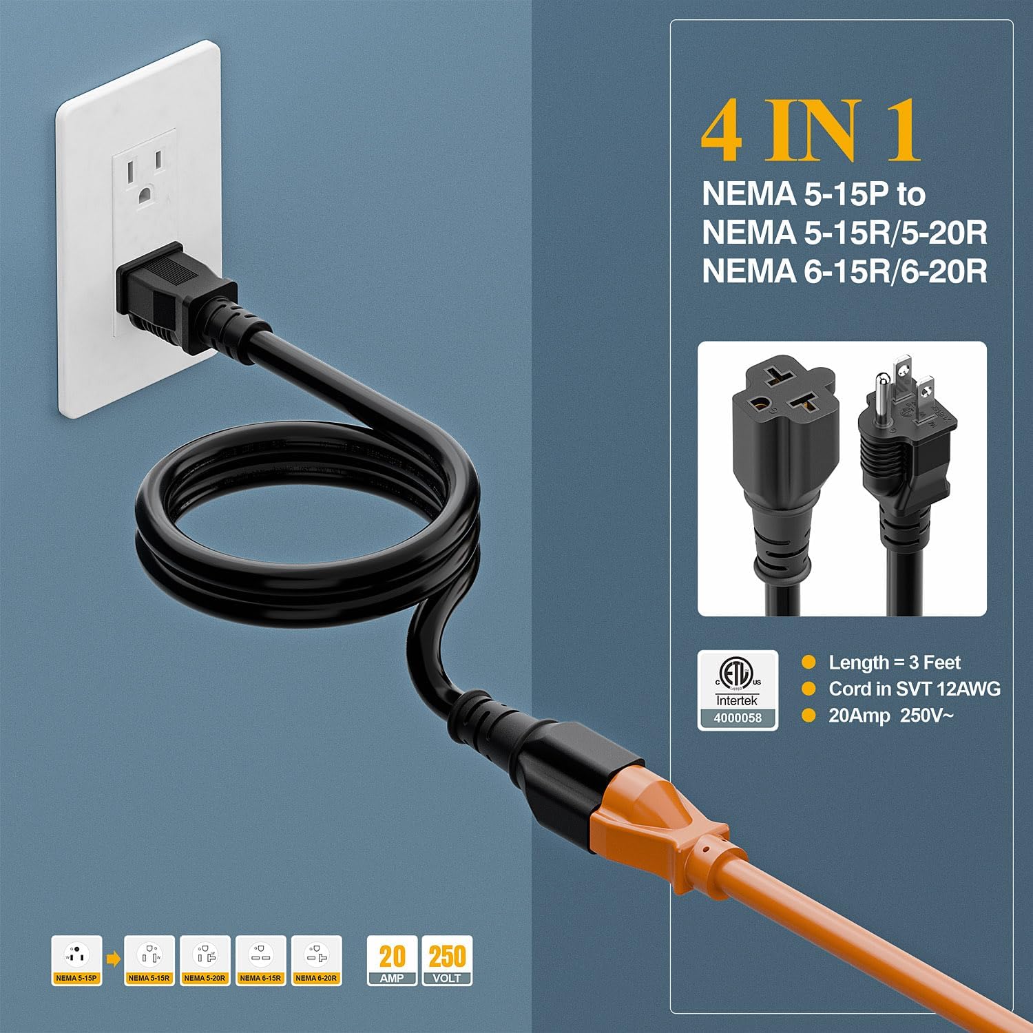 (3Feet) NEMA 5-15P Extension Cord, Plugrand NEMA 5-15P to 5-15R/ 5-20R/ 6-15R/ 6-20R AC Adapter Cord, 12AWG 15 Amp to 20 Amp T Blade Adapter Cable, 15A 125V to 20A 250V Extension Cord