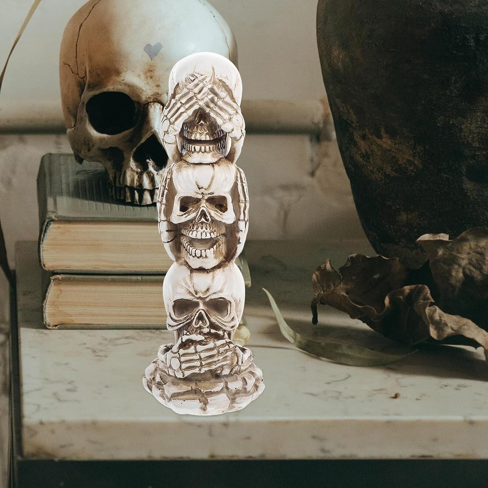 Statue di testa di teschio di Halloween, non sentire il male, non vedere il male, non parlare male. Figurine di teschio, ornamento di teschio gotico, scultura di scheletro, decorazione per scrivania d