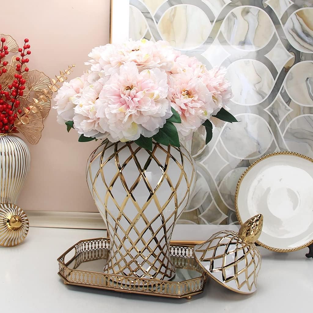 ホワイトセラミックジンジャー装飾テンプルジャー蓋付き大型磁器花瓶