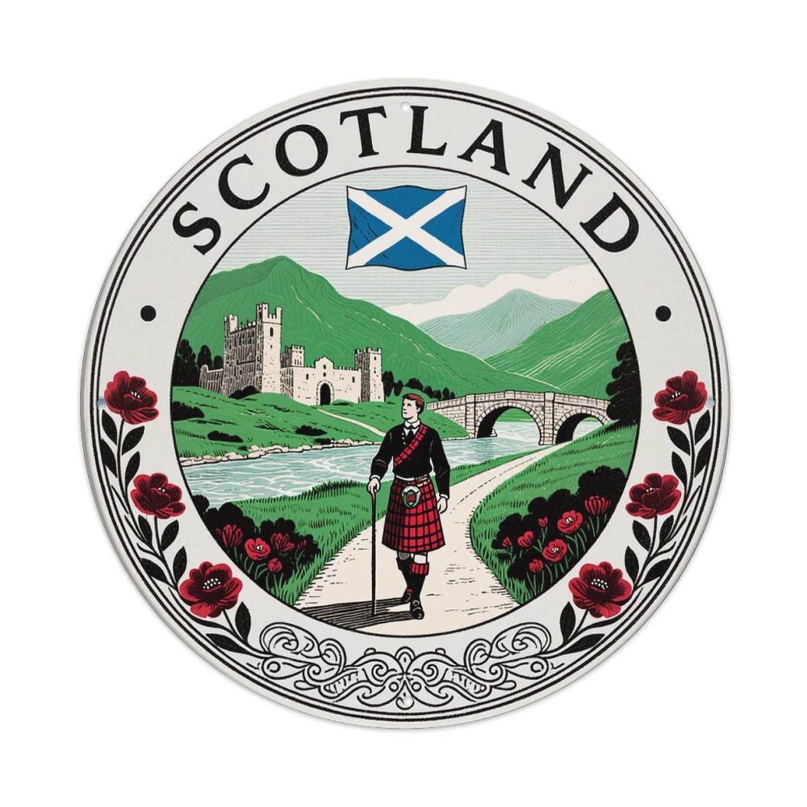Scotland Highland Warrior Landscape Emblem Tin Sign Metal Poster Vintage Metal Signs for Home Man Cave Bar Cafe Kitchen laundry room Wall Decorations 8x8 inches