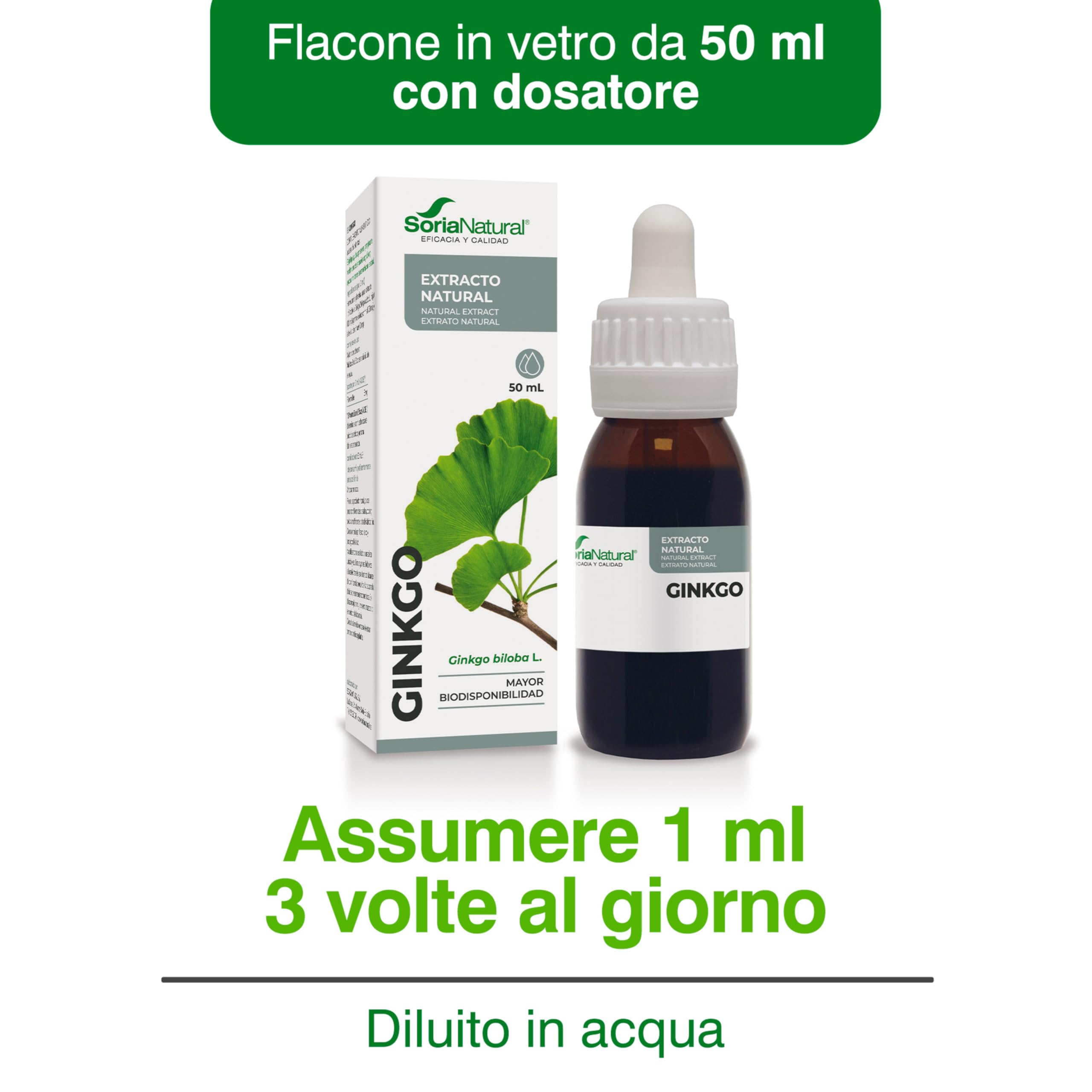 Ginkgo Biloba Integratore Estratto Naturale 50ml - Migliora Memoria, Concentrazione e Circolazione - Ginko Biloba Integratore Memoria e Concentrazione - Soria Natural