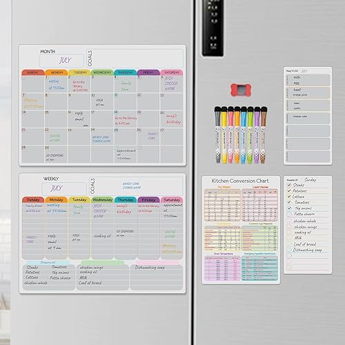 Hivillexun Magnetic Dry Erase Calendar Whiteboard Set (5-Pack) – Includes Monthly Planner, Weekly Planner, Meal Organizer, Conversion Chart, Shopping List – 8 Markers & Eraser for Family Organization - Gray Magnetic Dry Erase Calendar Set (5-pack)