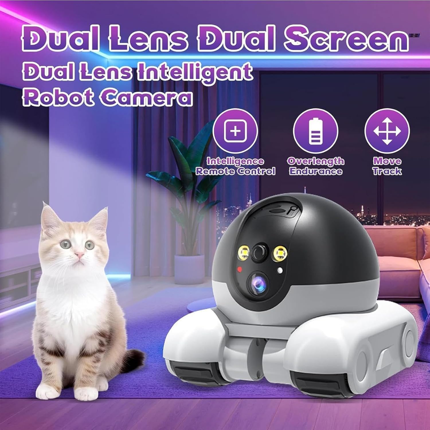 Lvssiao Robot con Telecamera per Animali Domestici, Telecamera di Sicurezza Robot Wi-Fi con Ruote 1080P Doppio Obiettivo Controllo Remoto per Casa Lavoro Animali Domestici, Scheda da 64G Inclusa