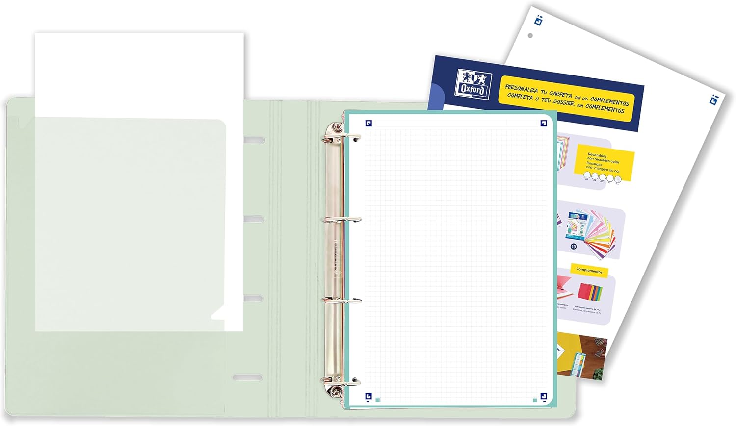 Oxford, Live & Go A4+ 4 Ring Polyfoam Folder, Includes Refill with 5 Squared Stripes 5 x 5 and Plastic Tabs - Ice Mint
