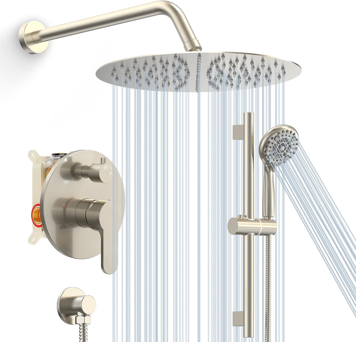 SR SUN RISE 12 Inch Rain Shower System, High Pressure Shower Heads and Handheld 6-Spray Combo Set Slide Bar Shower Faucets Sets Complete Included Valve and Trim Kit for Bathroom, Brushed Nickel