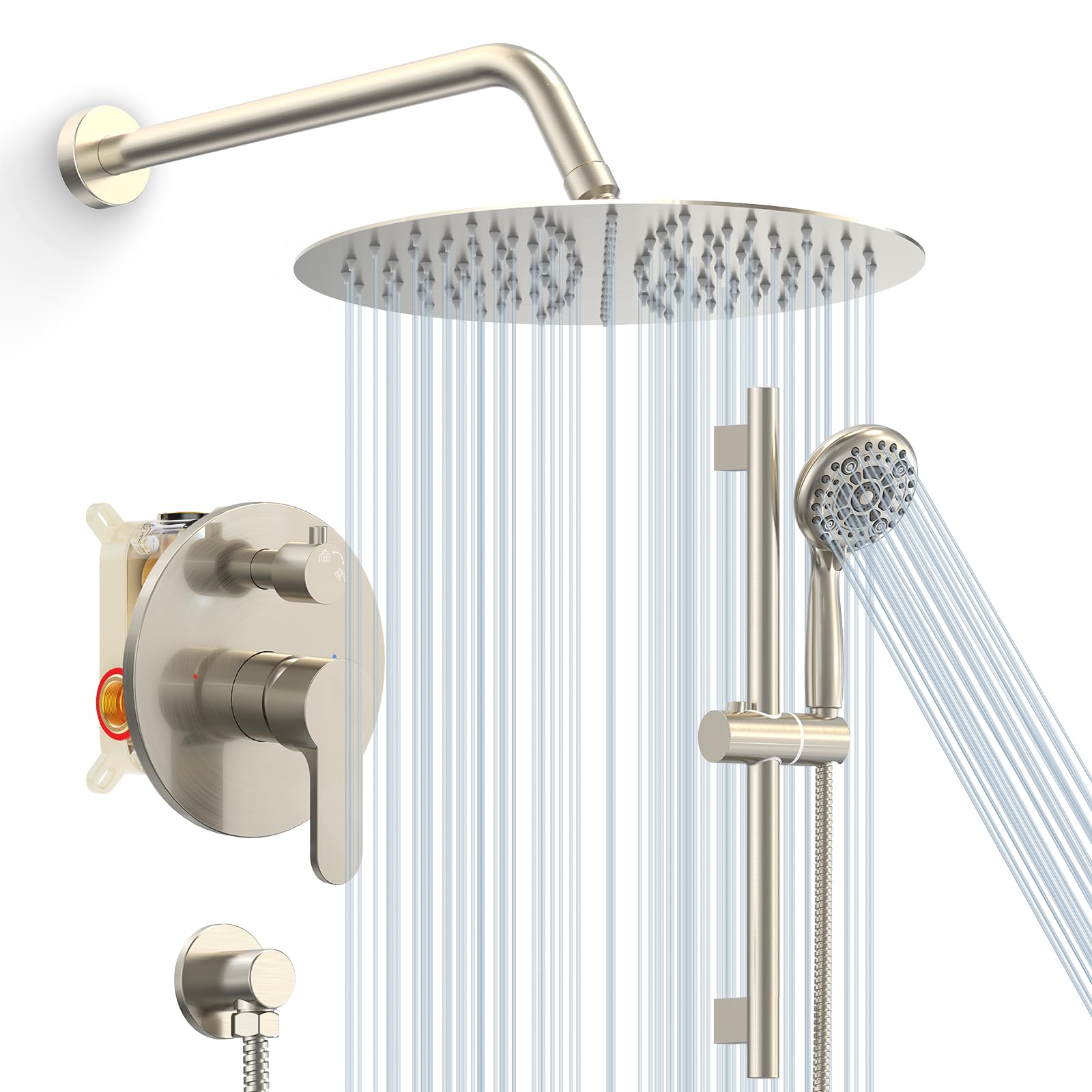 SR SUN RISE 12 Inch Rain Shower System, High Pressure Shower Heads and Handheld 6-Spray Combo Set Slide Bar Shower Faucets Sets Complete Included Valve and Trim Kit for Bathroom, Brushed Nickel