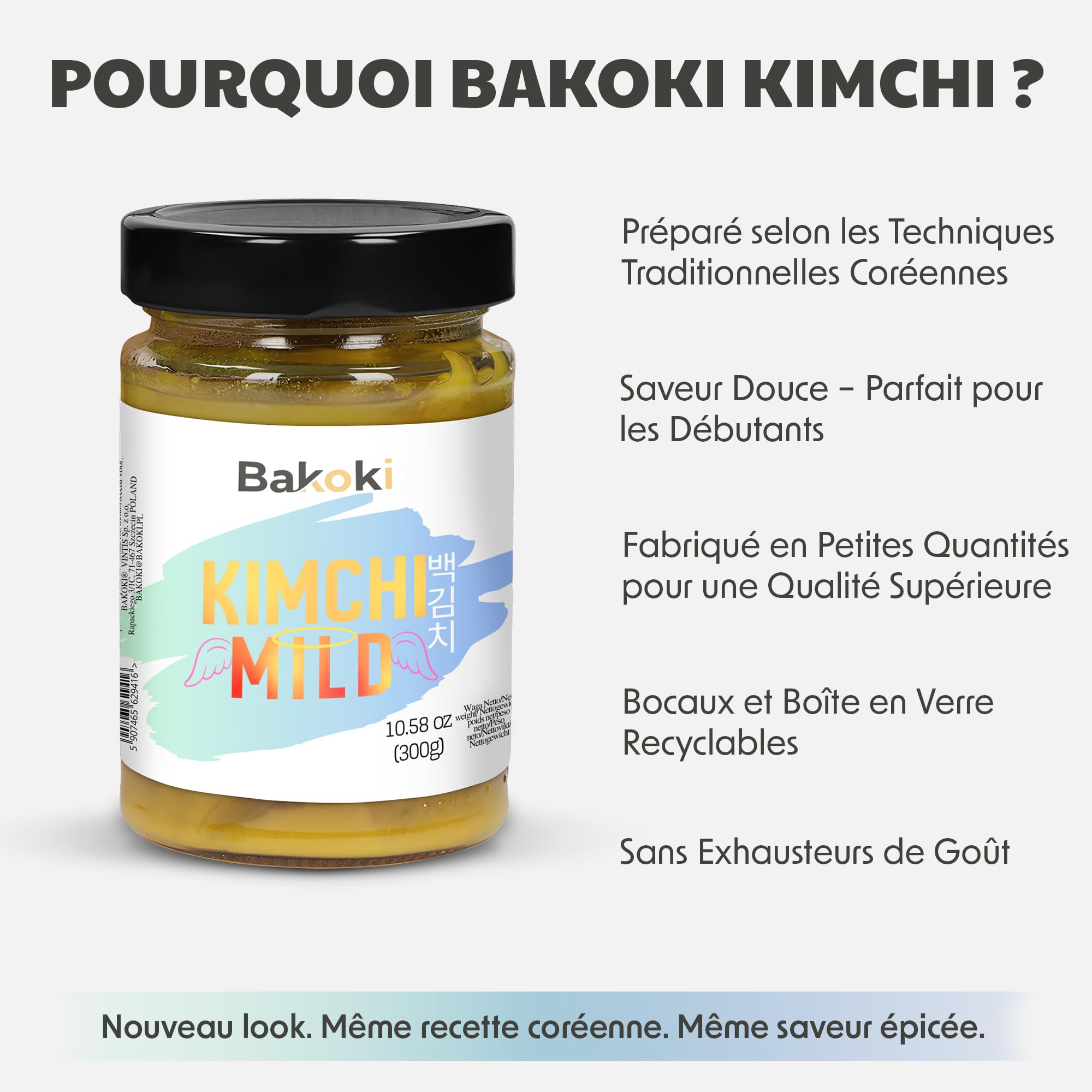 Bakoki 백김치 Baek‑Kimchi – Kimchi doux, sans piment, fermenté de manière traditionnelle au curcuma – 2 × 300 g (idéal pour le déjeuner, les bowls et les accompagnements)