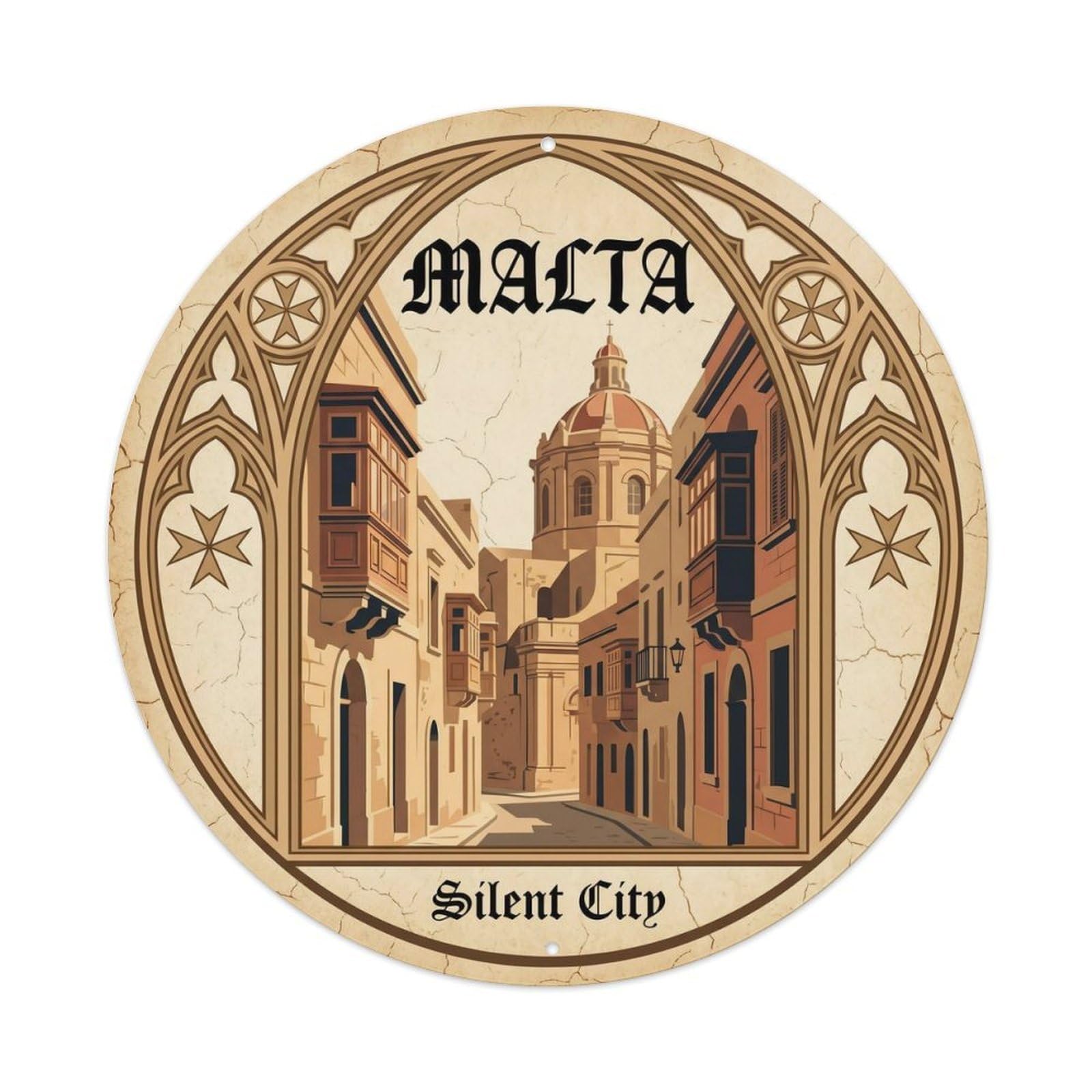 Vintage Travel Malta Medieval Town Metal Tin Sign Plaque Wall Decor for Cafe, Club, Garden Round Metal Poster 8x8Inch