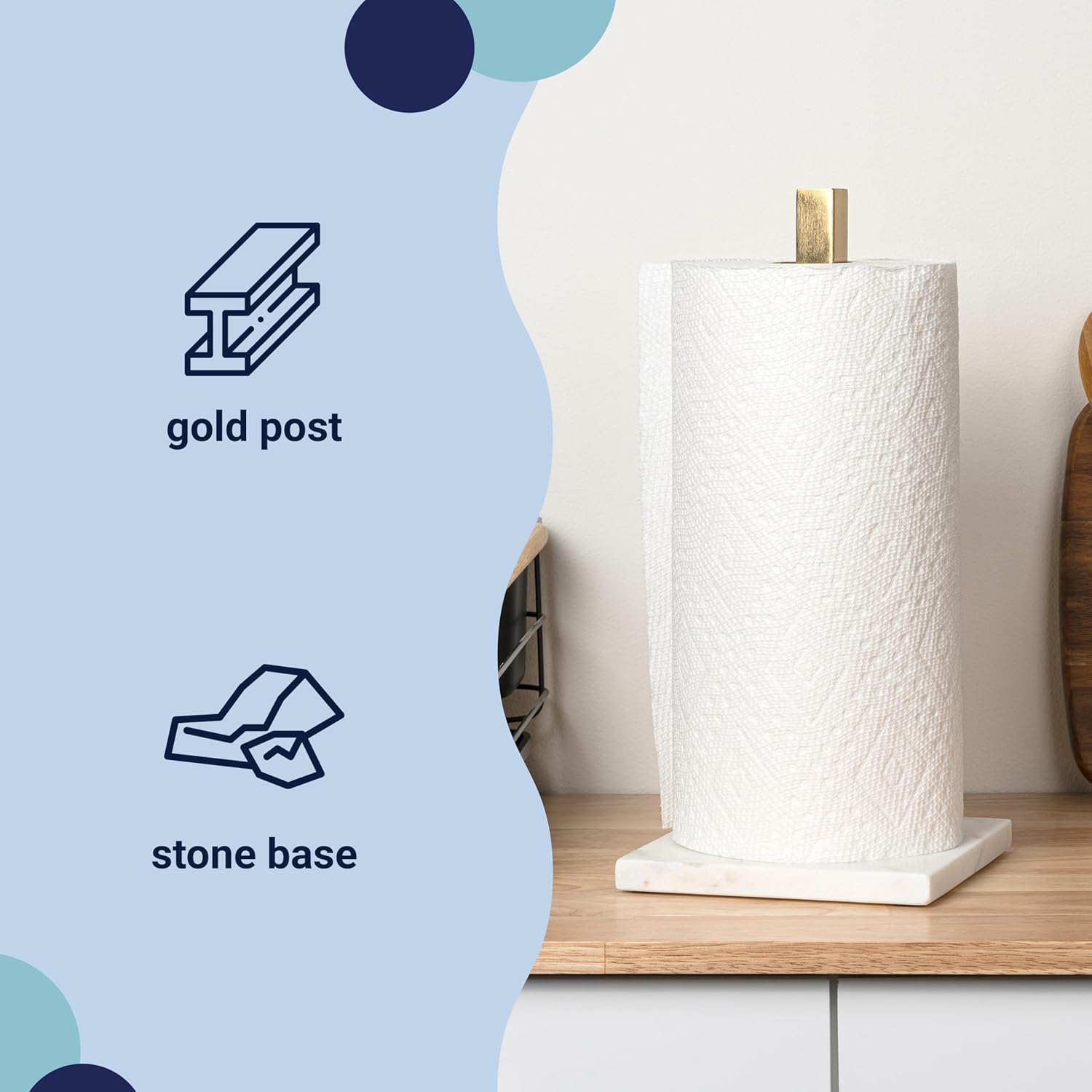 happimess PRH2002A Jules Modern Glam Square Metal and Non Slip Weighted Marble Base Paper Towel Holder, for Bathroom Kitchen Countertop, Standard or Jumbo-Sized Roll Paper, Gold/White