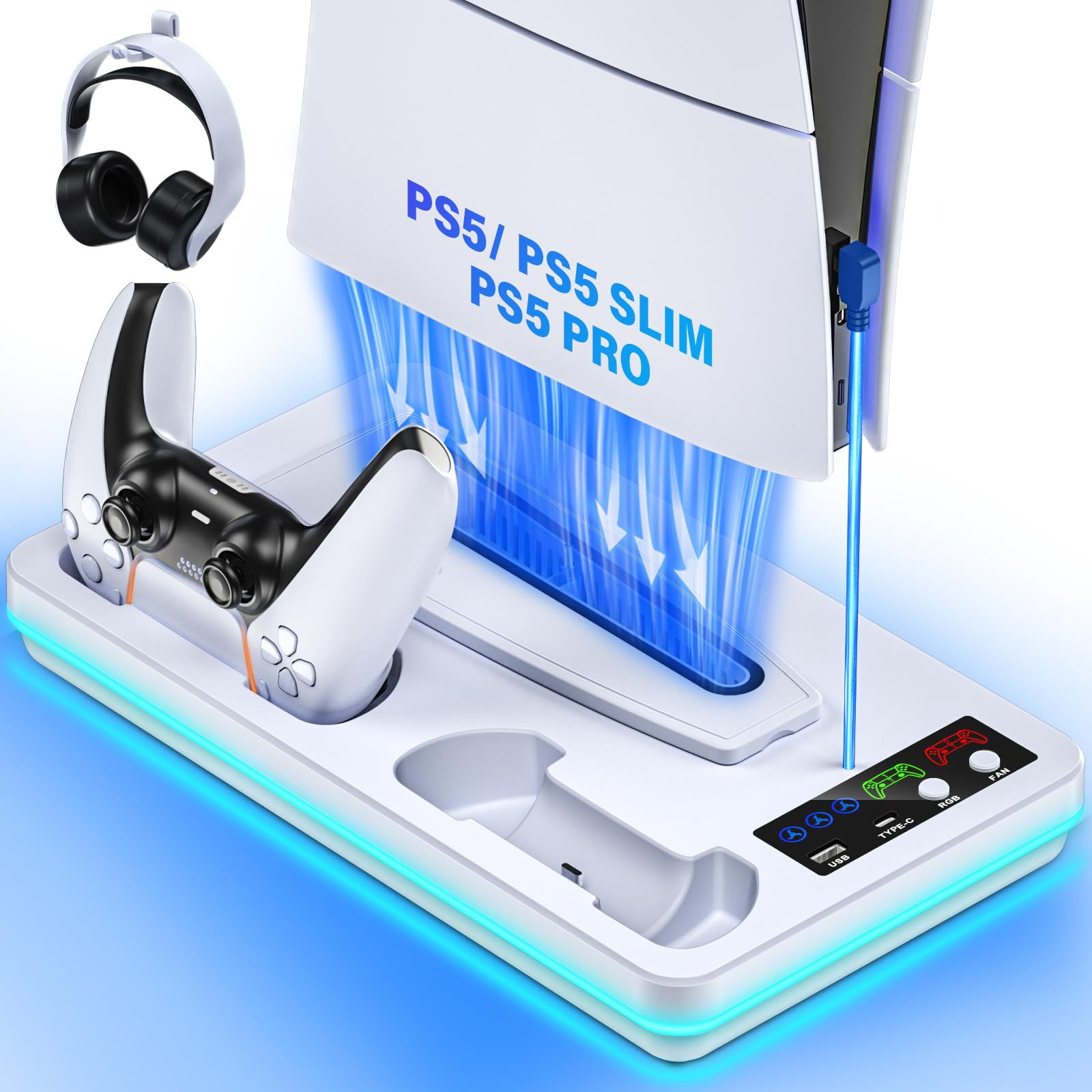 PS5 Slim PS5 Stand and Cooling Station with Controller Charging Station for PlayStation 5 Slim Standard Disc Digital