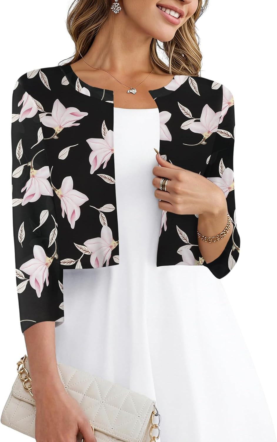 CRAZY GRID Women's Summer Lightweight Cardigan 3/4 Sleeve Shrugs Knit Bolero Open Front Cropped Cardigan for Women S-XXL