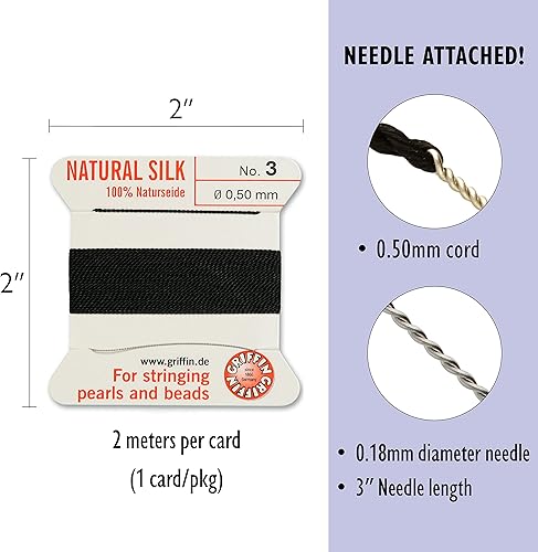 Miniatura 4 de Griffin Hilo de Seda Natural para Encordar Perlas y Cuentas Tamaño #3 Negro