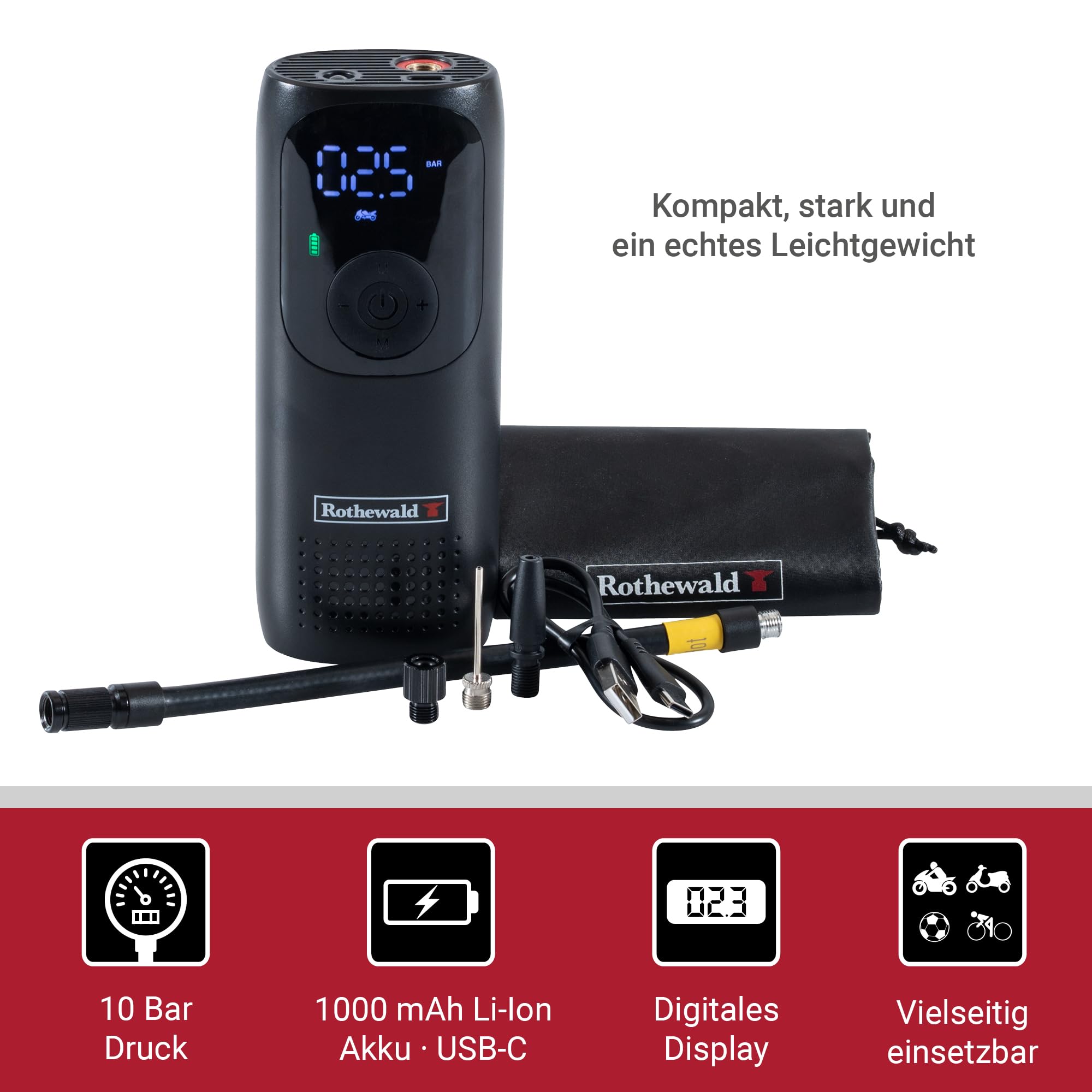 Rothewald Akku Druckluftpumpe 10 Bar, Elektrische Luftpumpe mit Digitalem Manometer, Reifenpumpe für Auto Motorrad Fahrrad Ball, Kompressor Akku Tragbar, USB-C Ladeanschluss