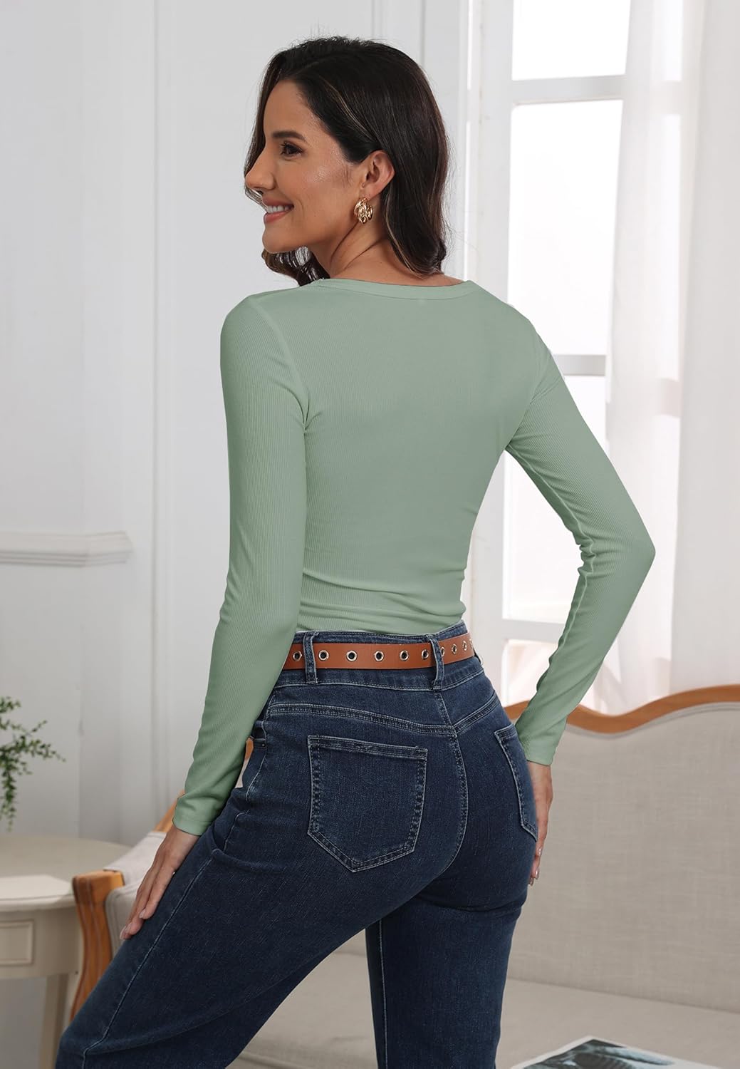 Roselux Womens Long Sleeve Scoop Neck Ribbed Knit Fitted Casual Tops Tee Slim Basic Shirts - Image 4