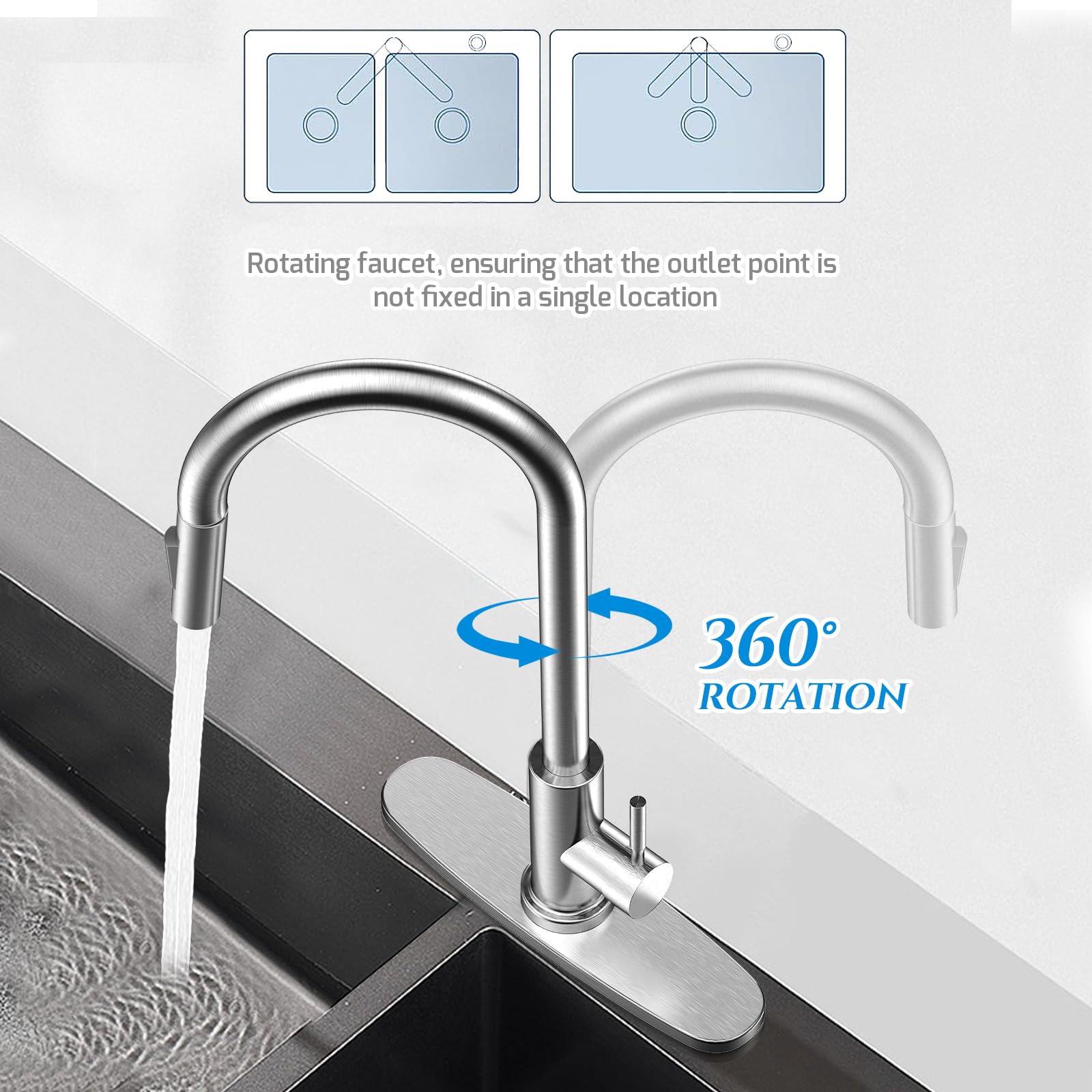 Rubinetto Cucina con Doccetta Estraibile, Rubinetto Lavello Cucina in Acciaio Inox Miscelatore per Cucina con Base Rimovibile, Girevole a 360 °, 2 Modalità Dell'acqua, Freddo e Caldo Disponibile