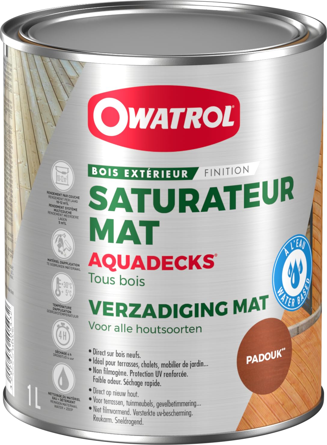 OWATROL - AQUADECKS - Teinte Padouk -Saturateur Mat à l'Eau pour Protection Bois Exotiques Extérieurs Teck Ipé Bangkiraï Acacia Maçaranduba - 1L