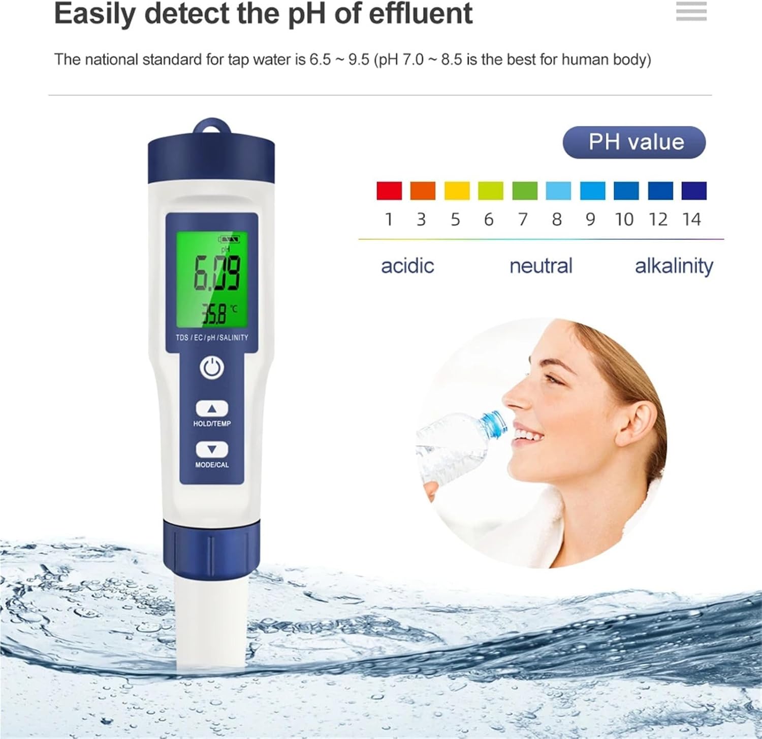 Digital Water Tester Quality 5 in 1 TDS PH EC Temp Salinity Meter Analyzer for Pools Drinking Aquarium Monitor