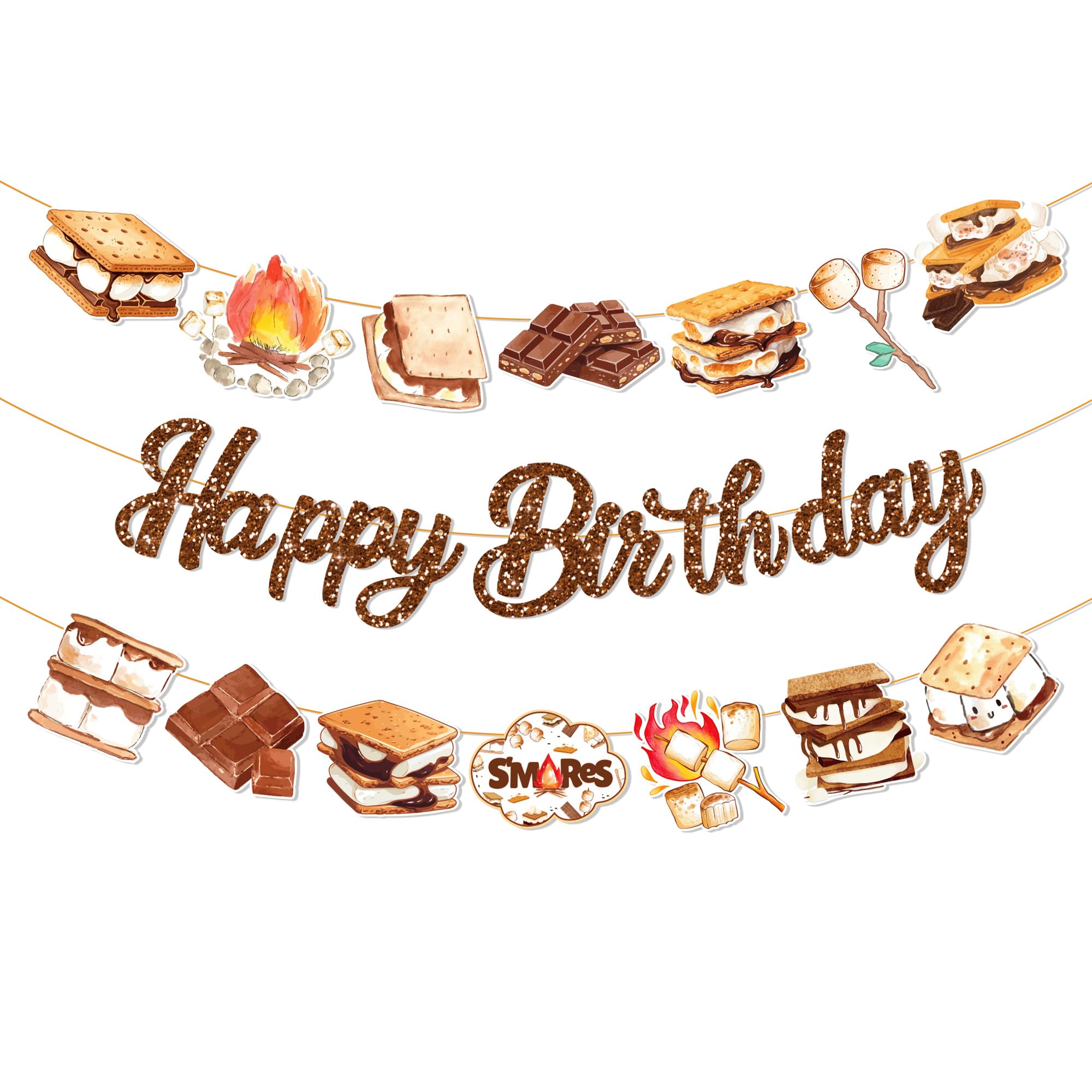 CC HOME 3Pcs Marshmallow Happy Birthday Banner Sandwich Cookies Party Hanging Banner Camping Theme Birthday Bridal Wedding Baby Shower Boys Girls Kids Home Classroom Party Supplies Decoration