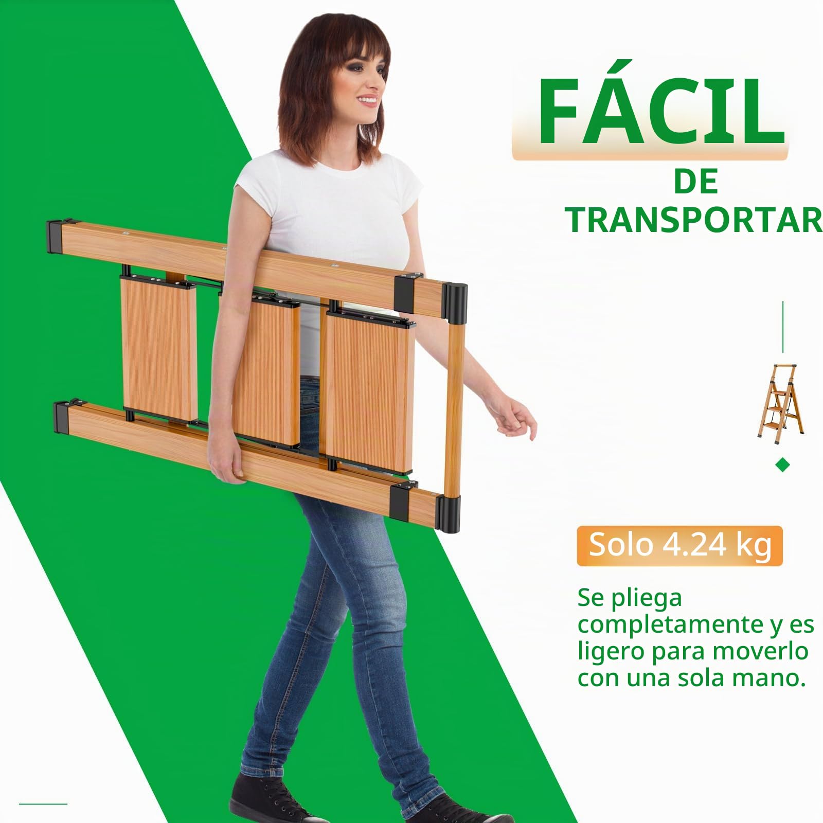 KULACO Escalera Plegable de 3 peldaños con barandilla, Aluminio Antideslizante Extra Ancho, Acabado Madera, Carga máx. 150 kg para Cocina, hogar y Garaje
