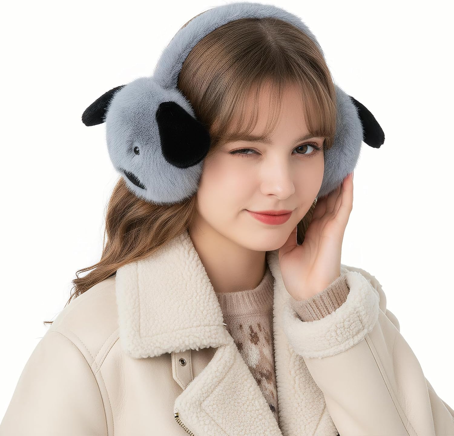 JIAHG Cute Cartoon Animal Winter Earmuffs Soft Faux Fur Ear Warmers Adjustable for Adults Teens Thermal Plush Ear Muffs