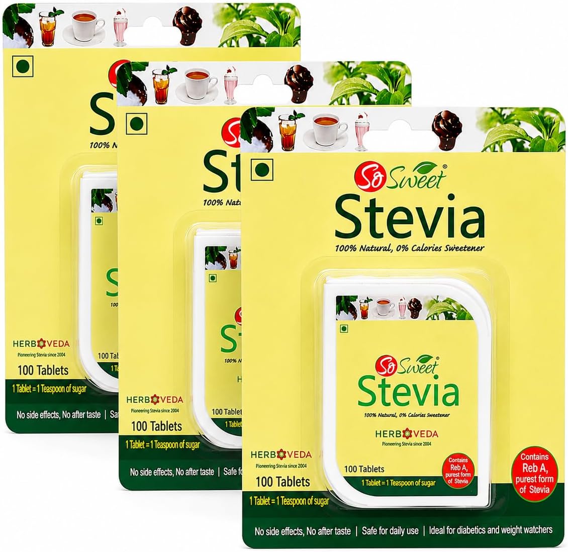 Stevia 100% Natural Sugar free Sweetener for Diabetes - 300 Tablets -Pack of 3 (100 Each)
