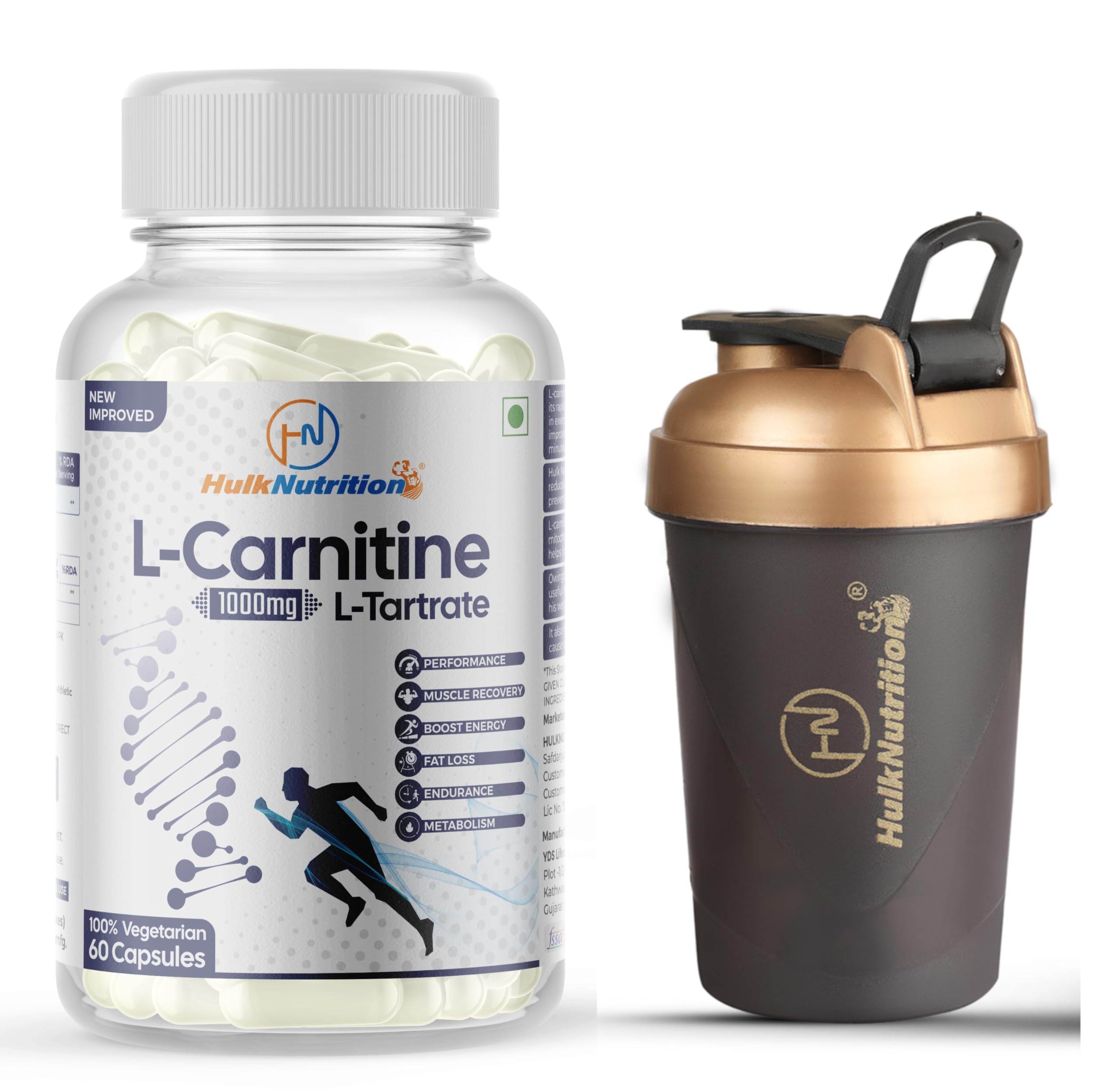 Hulk Nutrition Performance L-Carnitine L-Tartrate 1000mg Capsules | Burns Fat For Muscle Growth | Maximises Recovery | Aids in Healthy Weight Loss | Reduces Soreness & Fatigue | Purest Form, Amino Acid, Fitness Support | Pre & Post Workout Supplement for Men & Women - 60 Veg Capsules || Free Gym Shaker