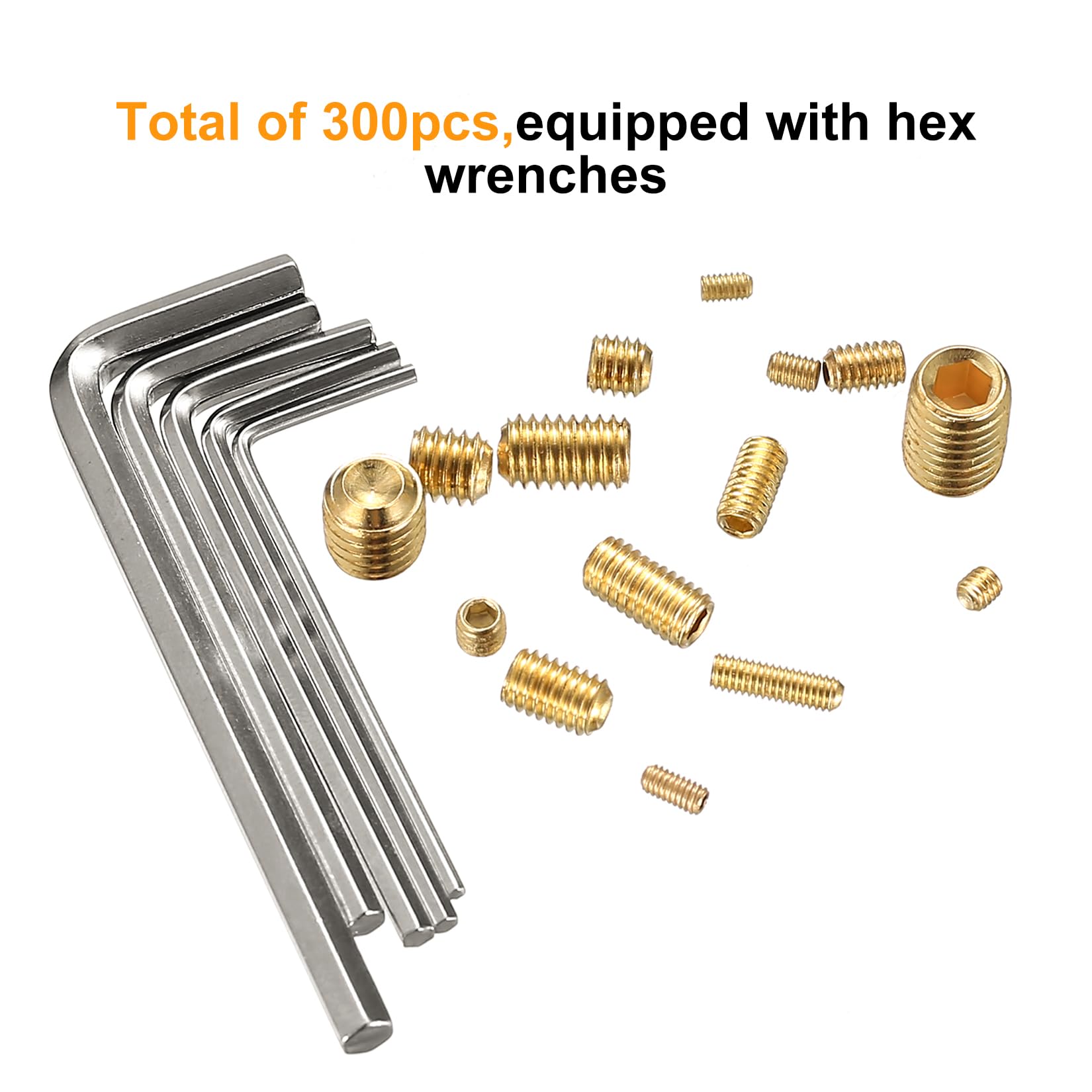 300 Pieces Grub Screws, Thread Inserts Screw Assortment Kit, M2.5/M3/M4/M5/M6/M8 Hexagon Screws Alloy Carbon Steel with Allen Wrenches - Gold - Image 3