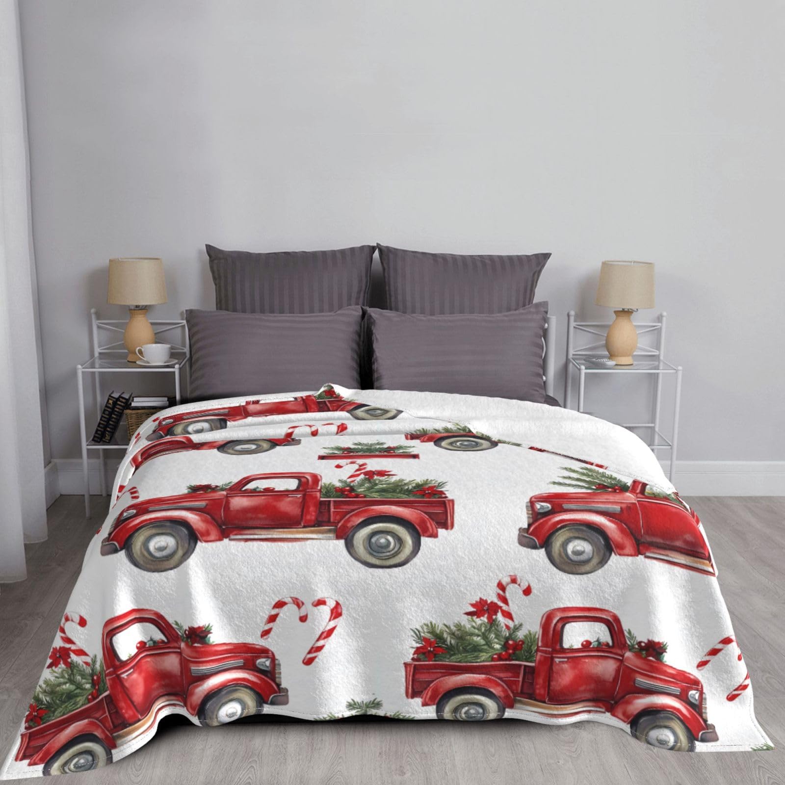 Mexpekil Coperta natalizia con camion rosso, invernale, con ramo di abete, morbida e calda, coperta in flanella decorativa, per letto, divano, viaggio, 150 x 200 cm