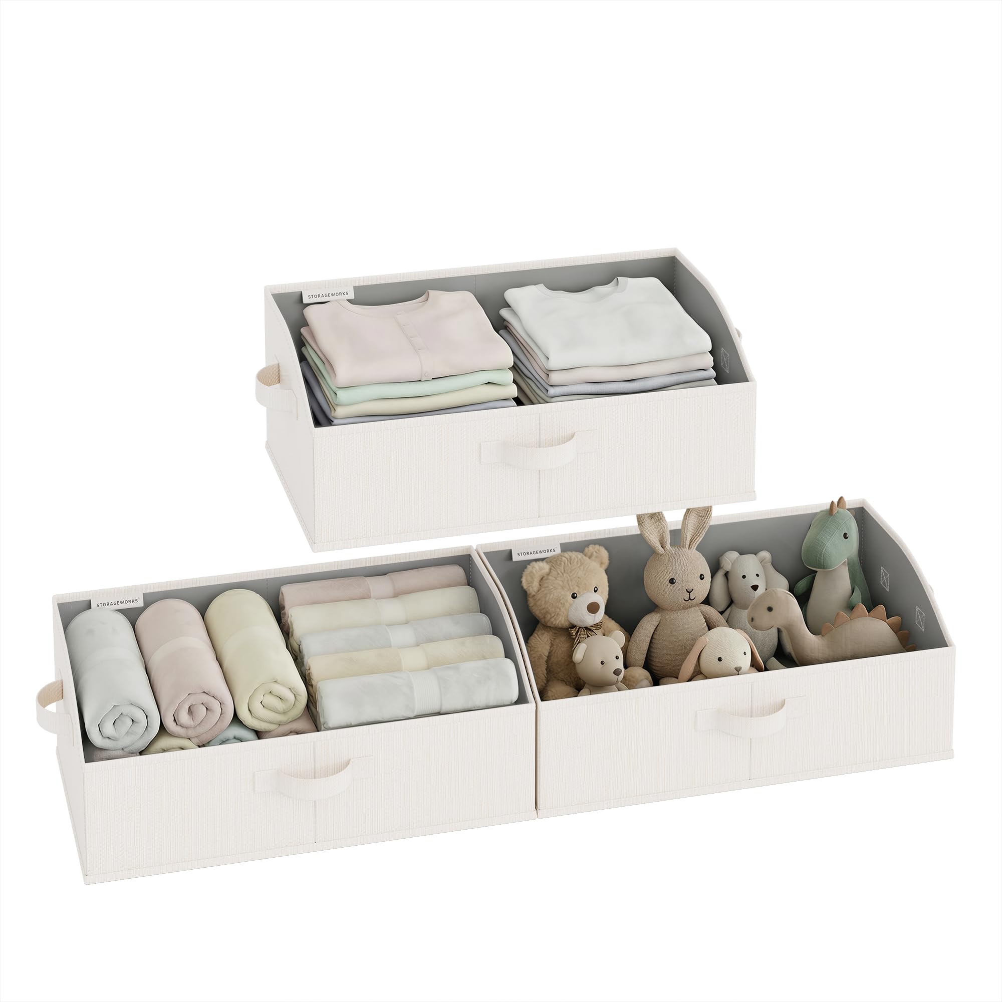storageworks closet storage bins, trapezoid organizer box for shelves, fabric clothes bin, foldable organizing baskets with handles, large, mixing of beige, white & ivory, 3-pack