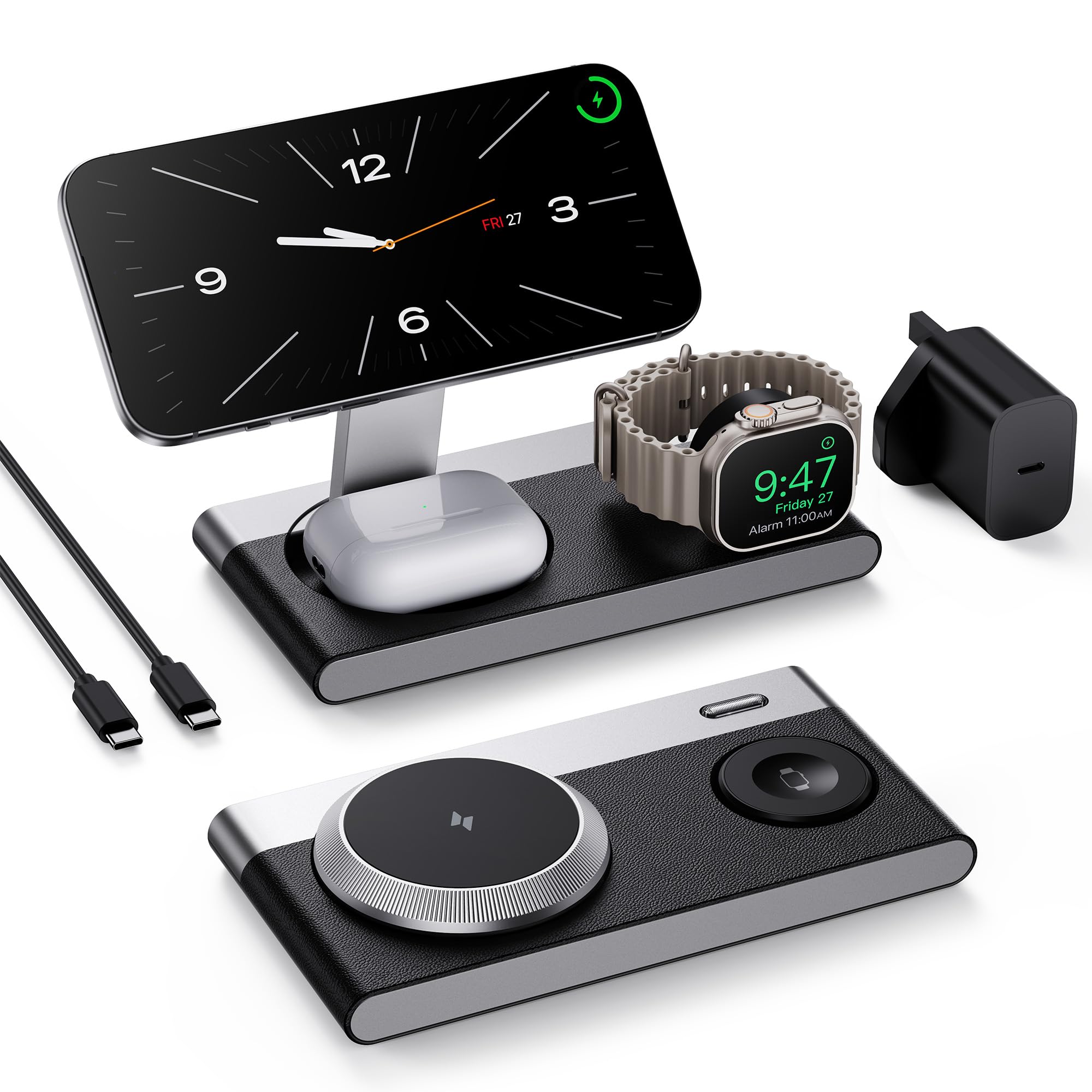 Estación de carga inalámbrica magnética plegable 3 en 1 para dispositivos Apple, base de carga inalámbrica similar al cuero con luz nocturna para iPhone 17/16/15/14/13/12, Apple Watch, AirPod