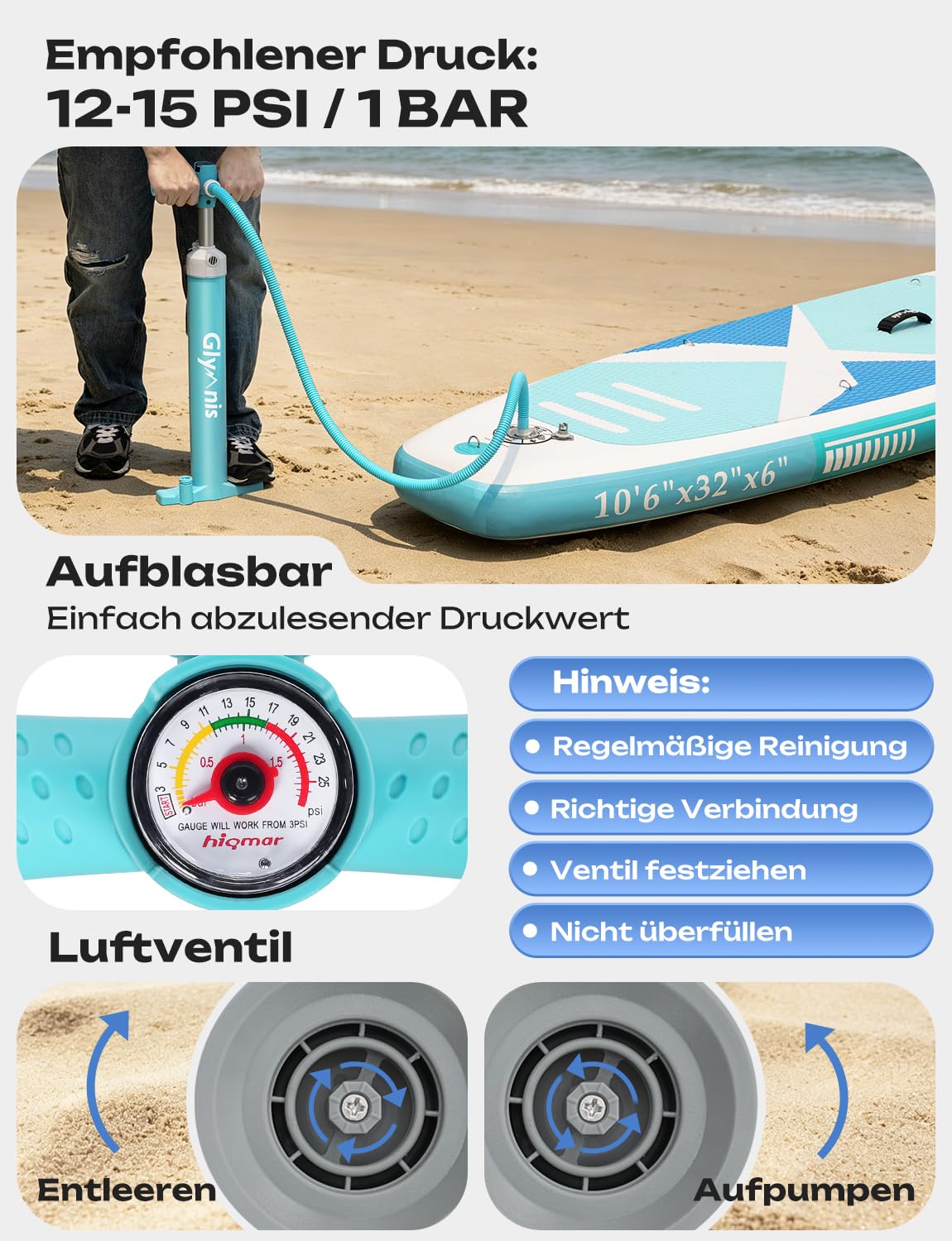Glymnis SUP Board Stand Up Paddling Board Aufblasbares Stand Up Paddle Board Set 10'6" 320x81x15cm 6 Zoll Dick mit Aluminiumpaddel Luftpumpe und komplettem Zubehör