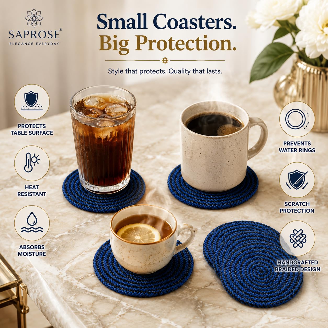 SAPROSE® Polypropylene Round Coaster Set (Pack of 6), Heat Resistant Dining & Kitchen Mat, Machine Washable Absorbent Size: 5 inch Diameter (Blue-Black Melange) 1